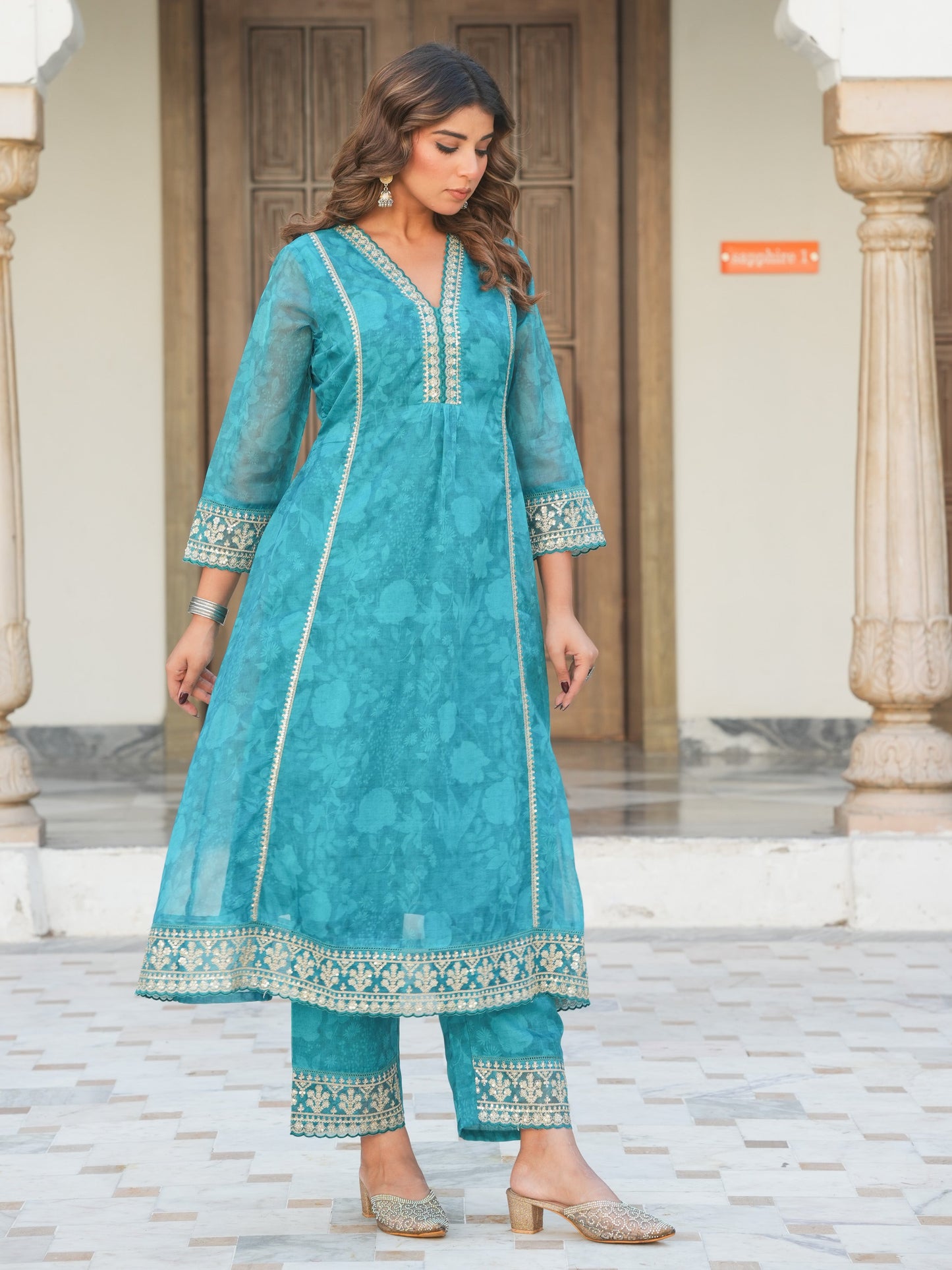 Embroidered Organza Floral Turquoise Blue Kurta