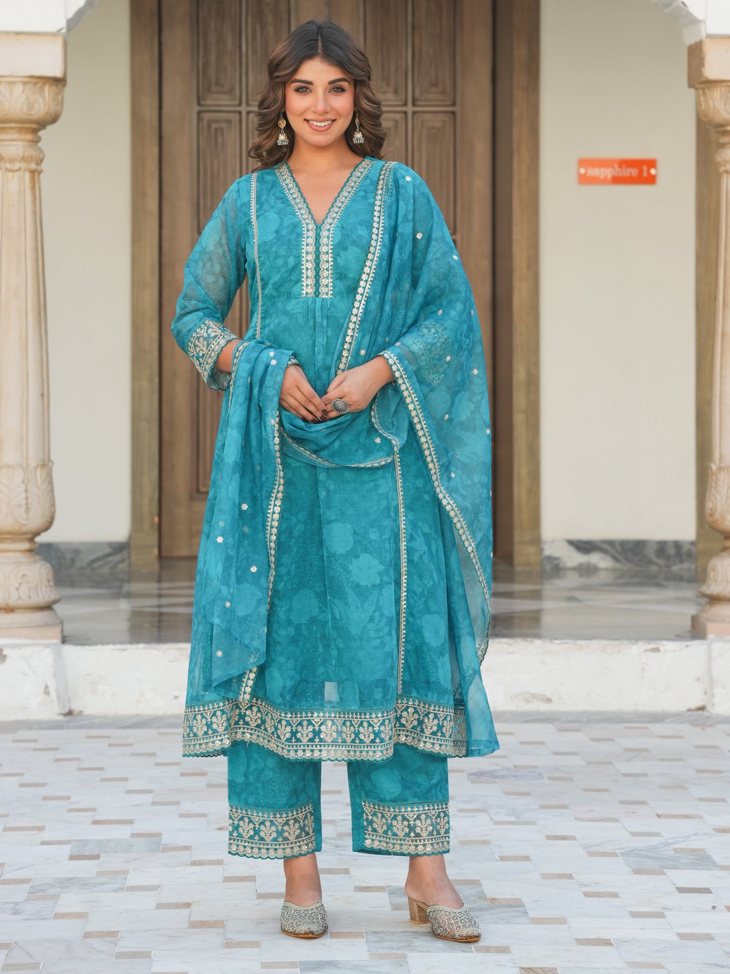 Embroidered Organza Floral Turquoise Blue Kurta