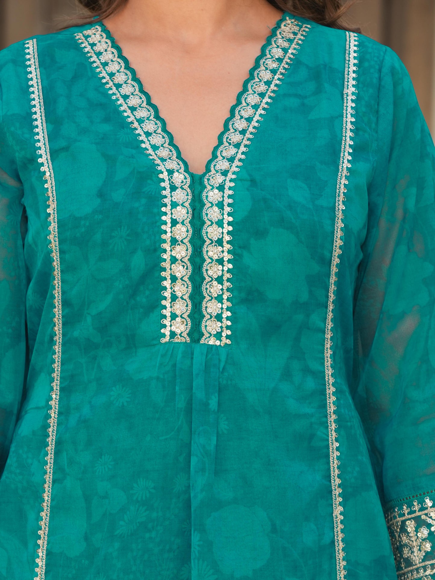 Embroidered Organza Floral A-line Turquoise Blue Kurta