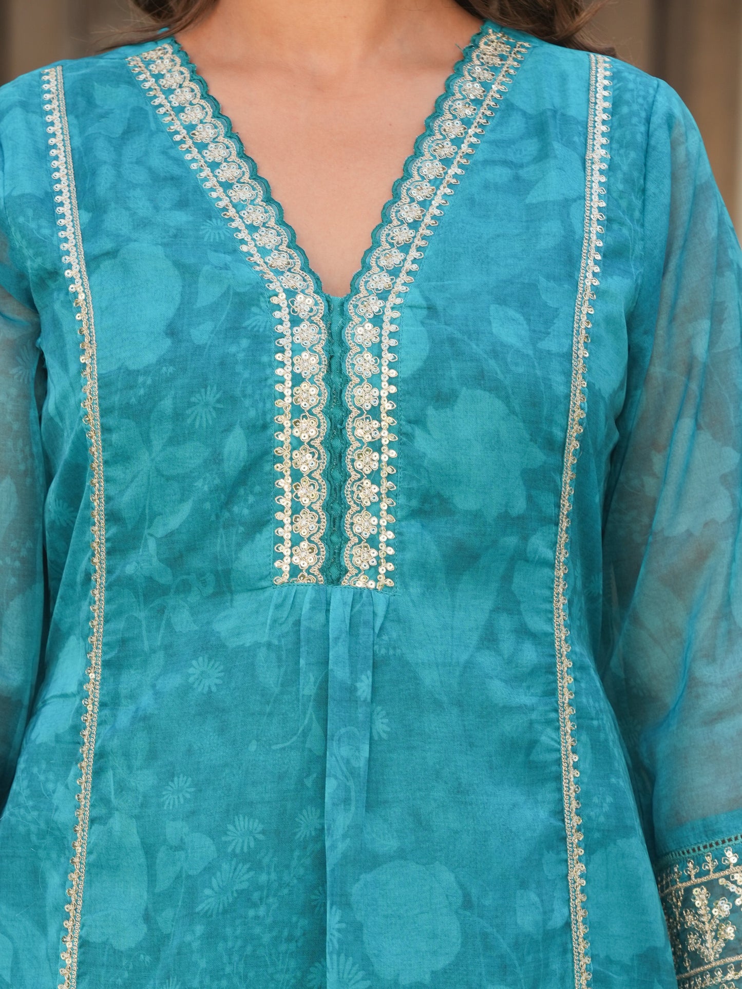 Embroidered Organza Floral Turquoise Blue Kurta