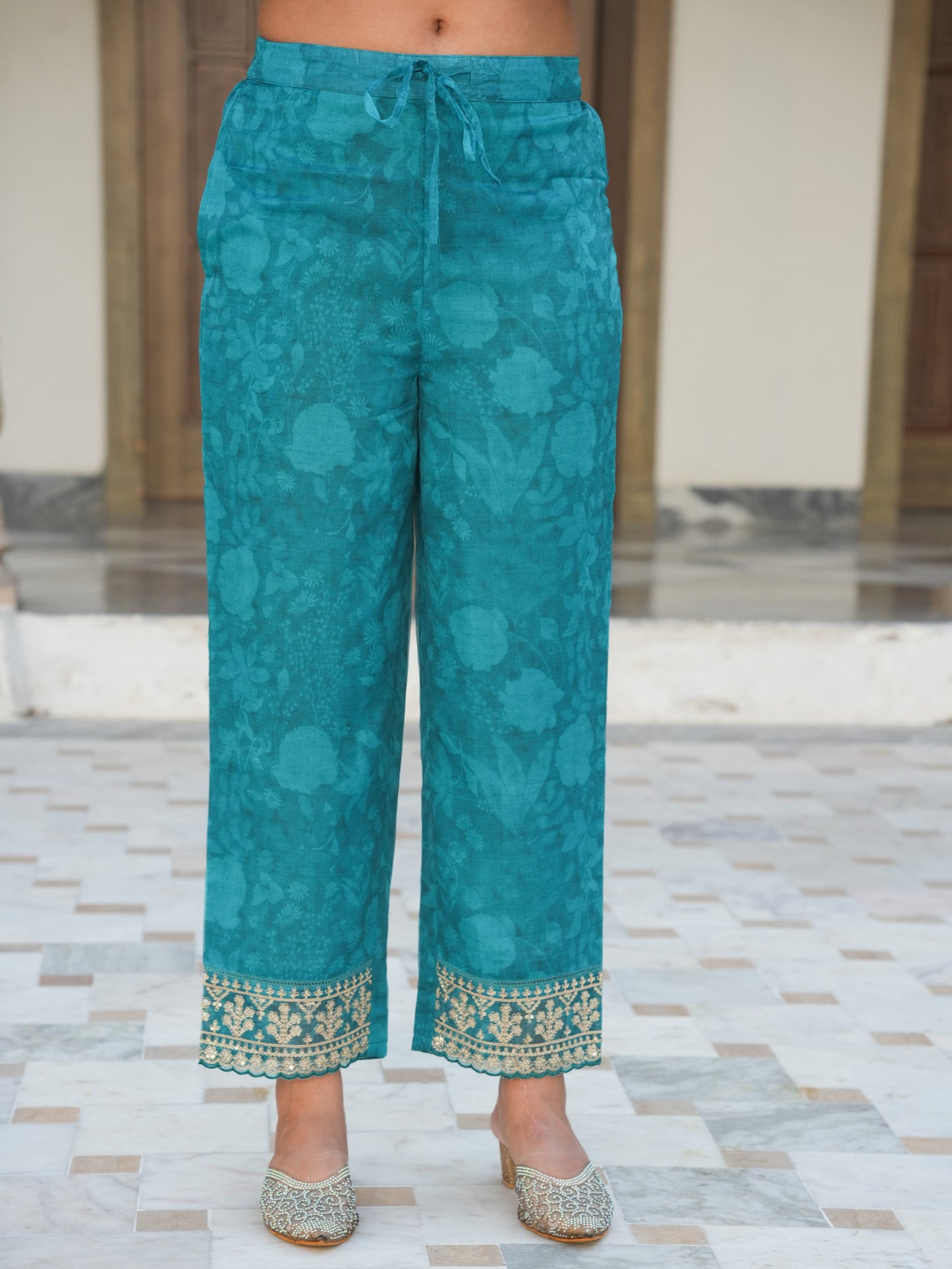 Embroidered Organza Floral Turquoise Blue Kurta