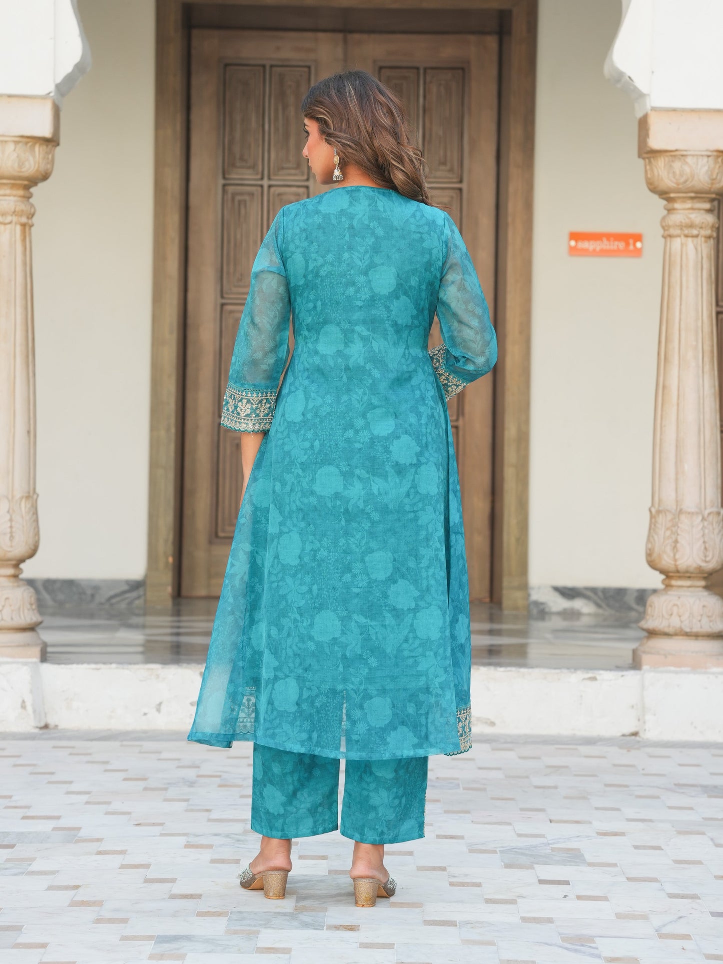 Embroidered Organza Floral Turquoise Blue Kurta