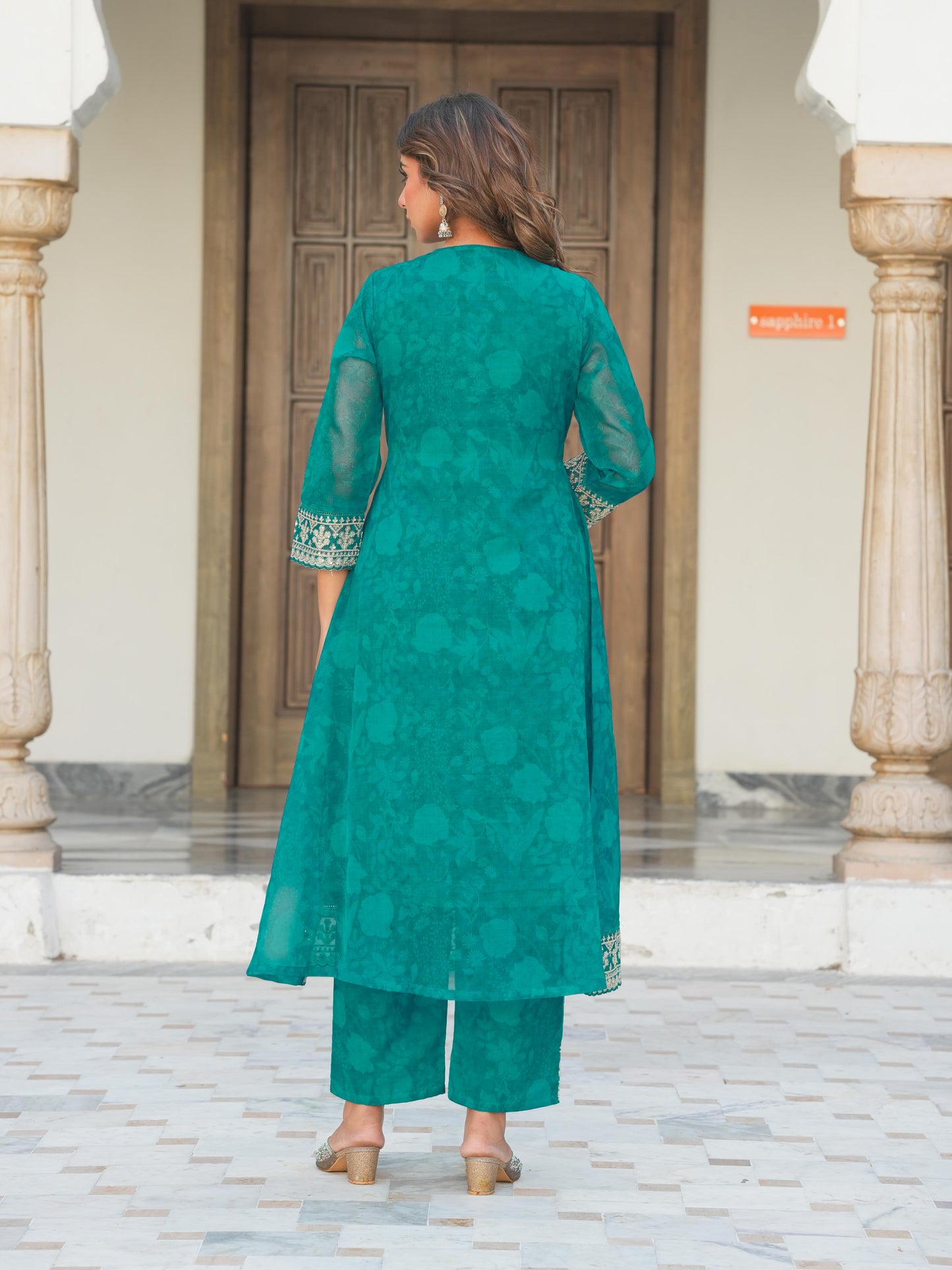 Embroidered Organza Floral A-line Turquoise Blue Kurta