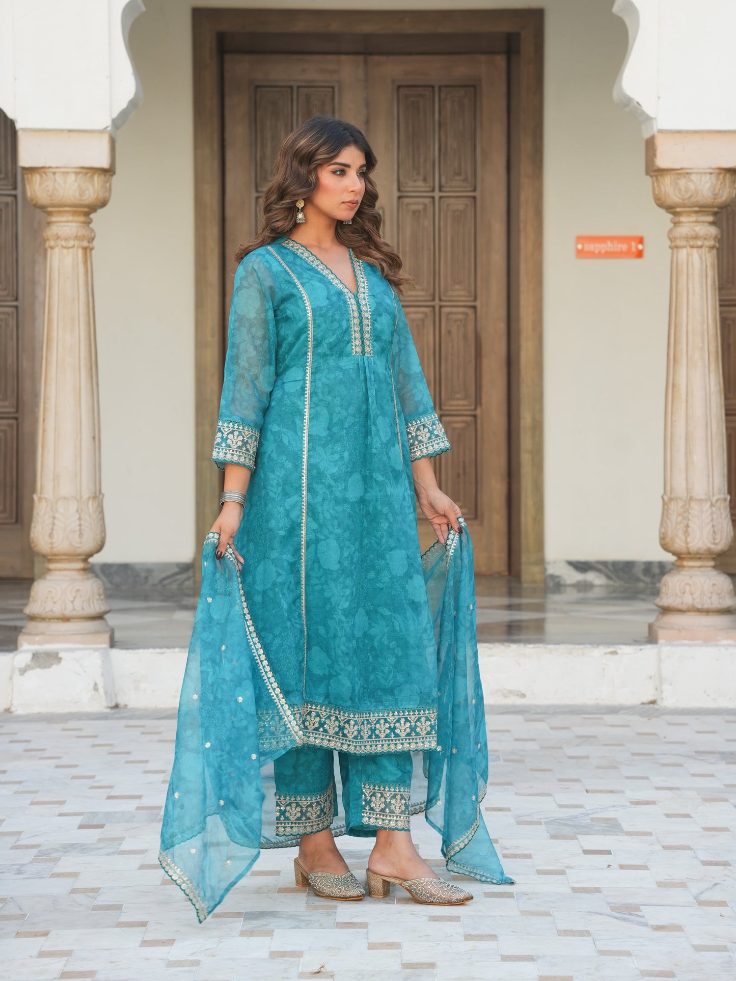 Embroidered Organza Floral Turquoise Blue Kurta