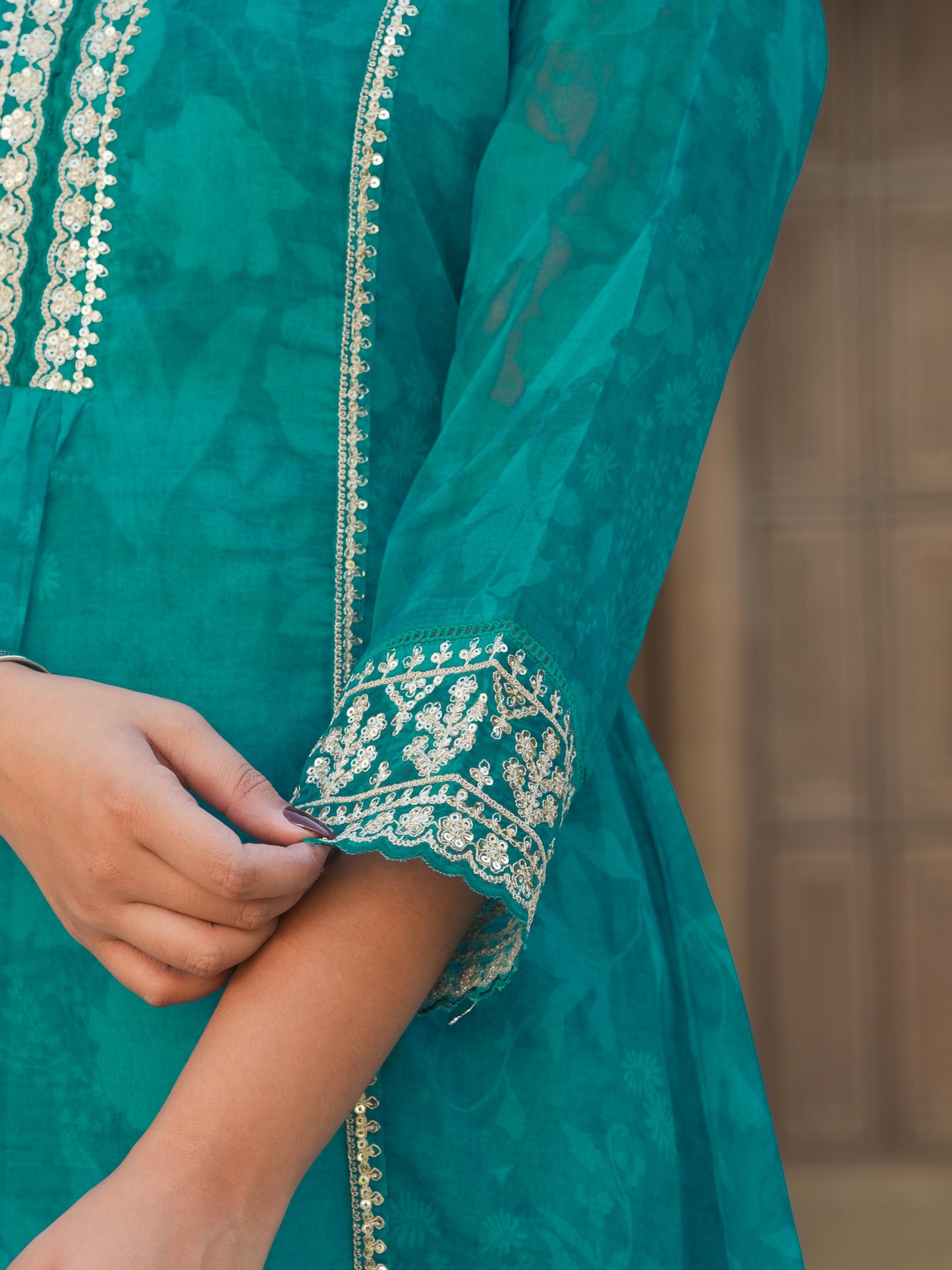 Embroidered Organza Floral A-line Turquoise Blue Kurta