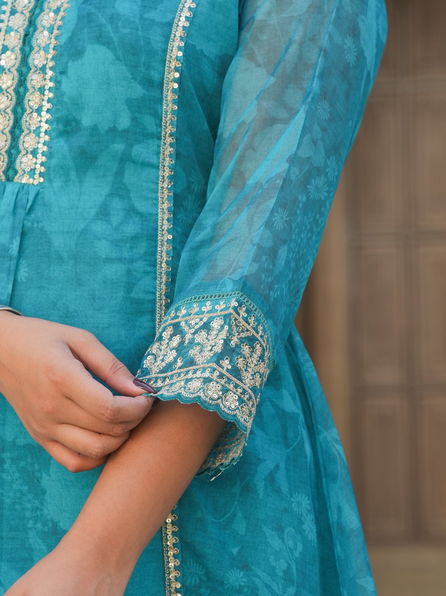 Embroidered Organza Floral Turquoise Blue Kurta