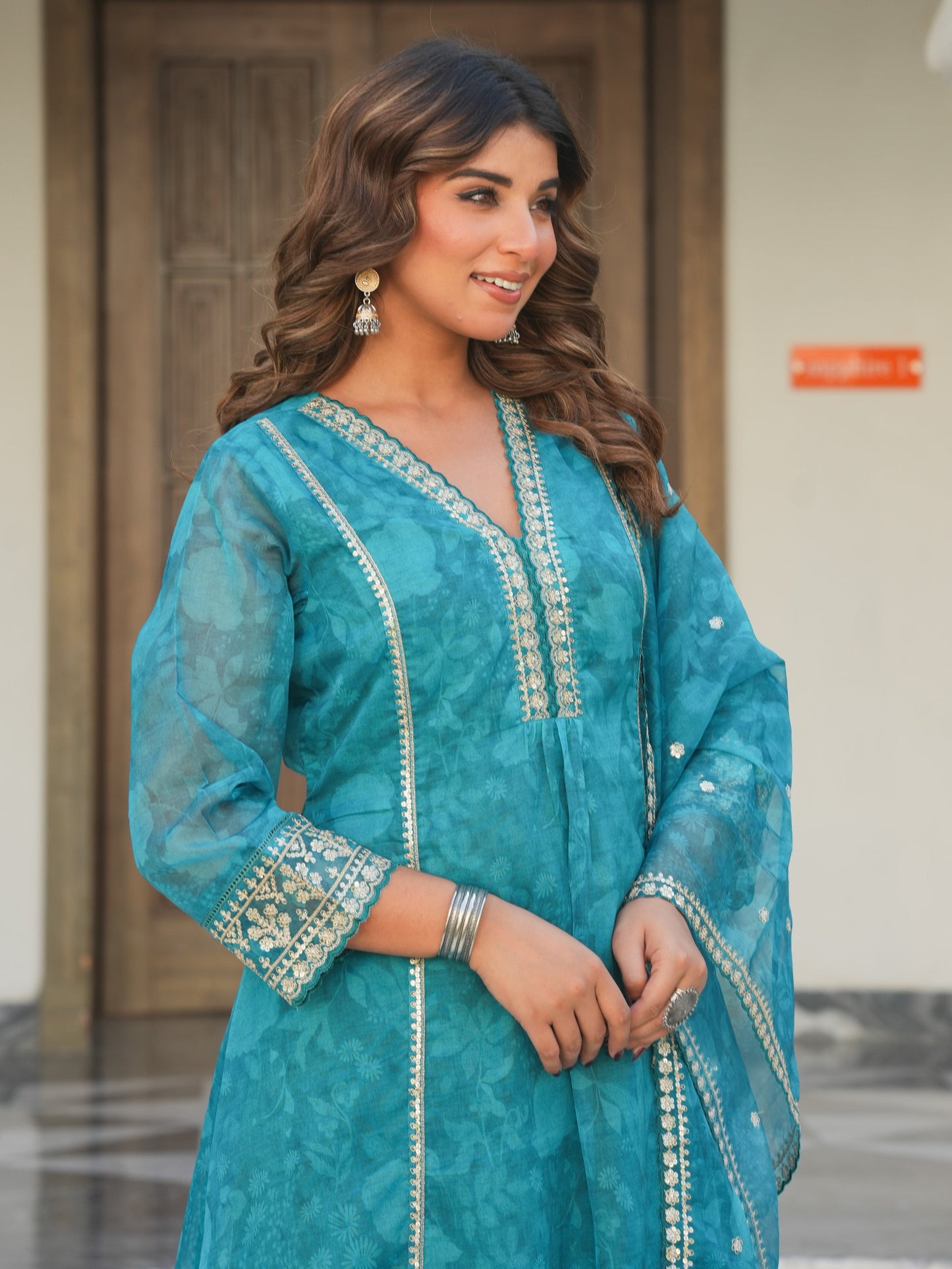 Embroidered Organza Floral Turquoise Blue Kurta