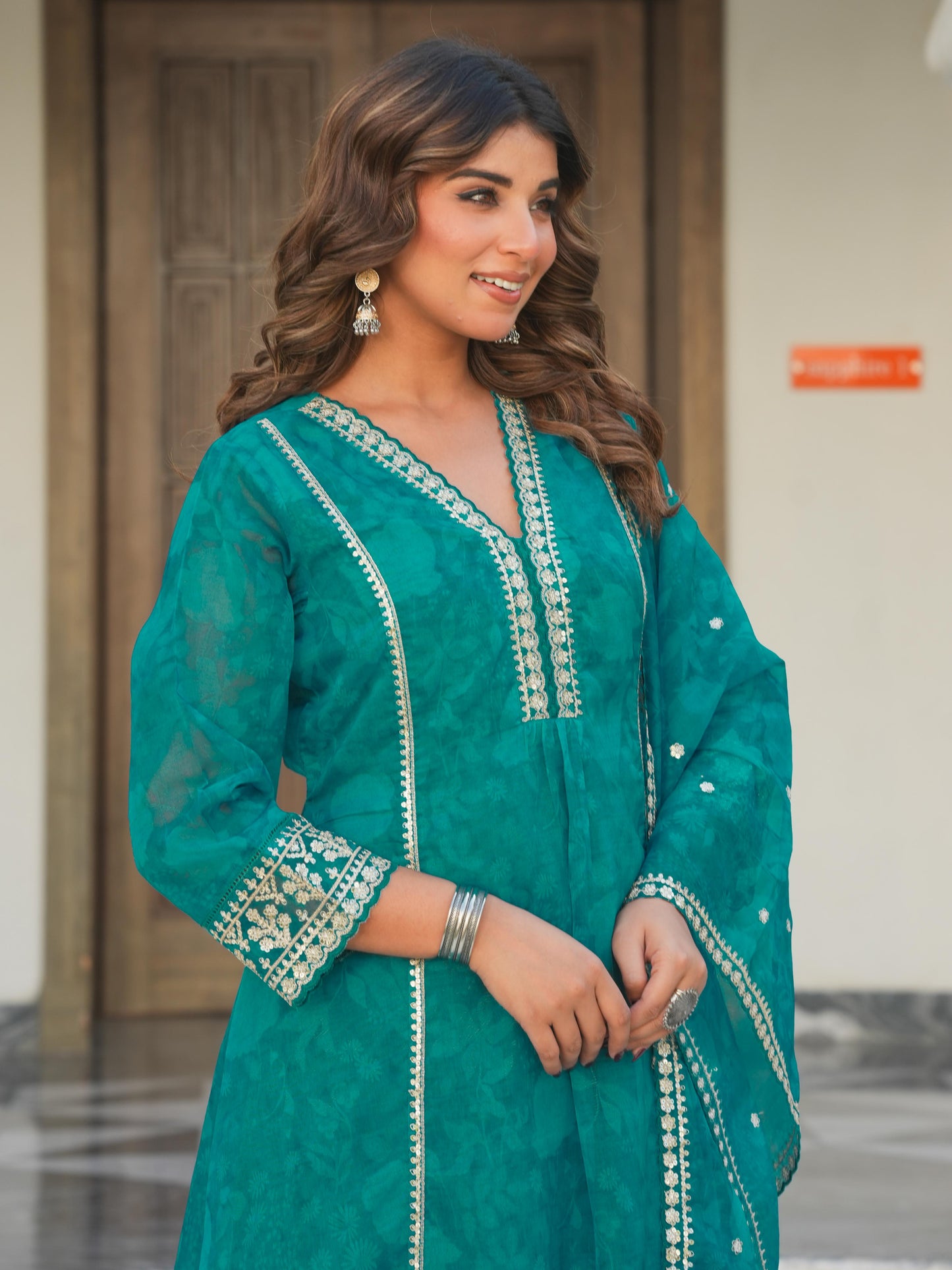 Embroidered Organza Floral A-line Turquoise Blue Kurta