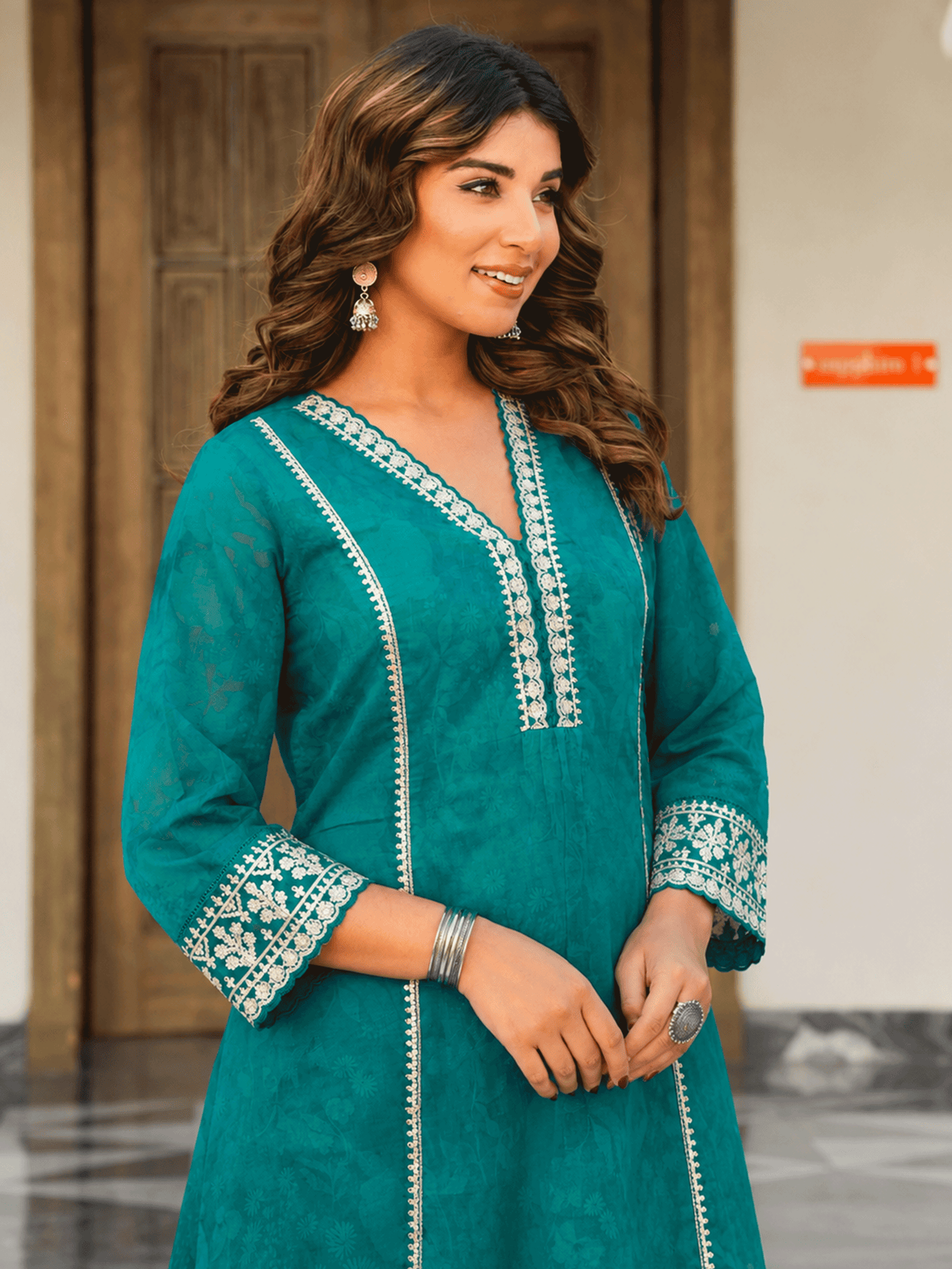 Embroidered Organza Floral Turquoise Blue Kurta