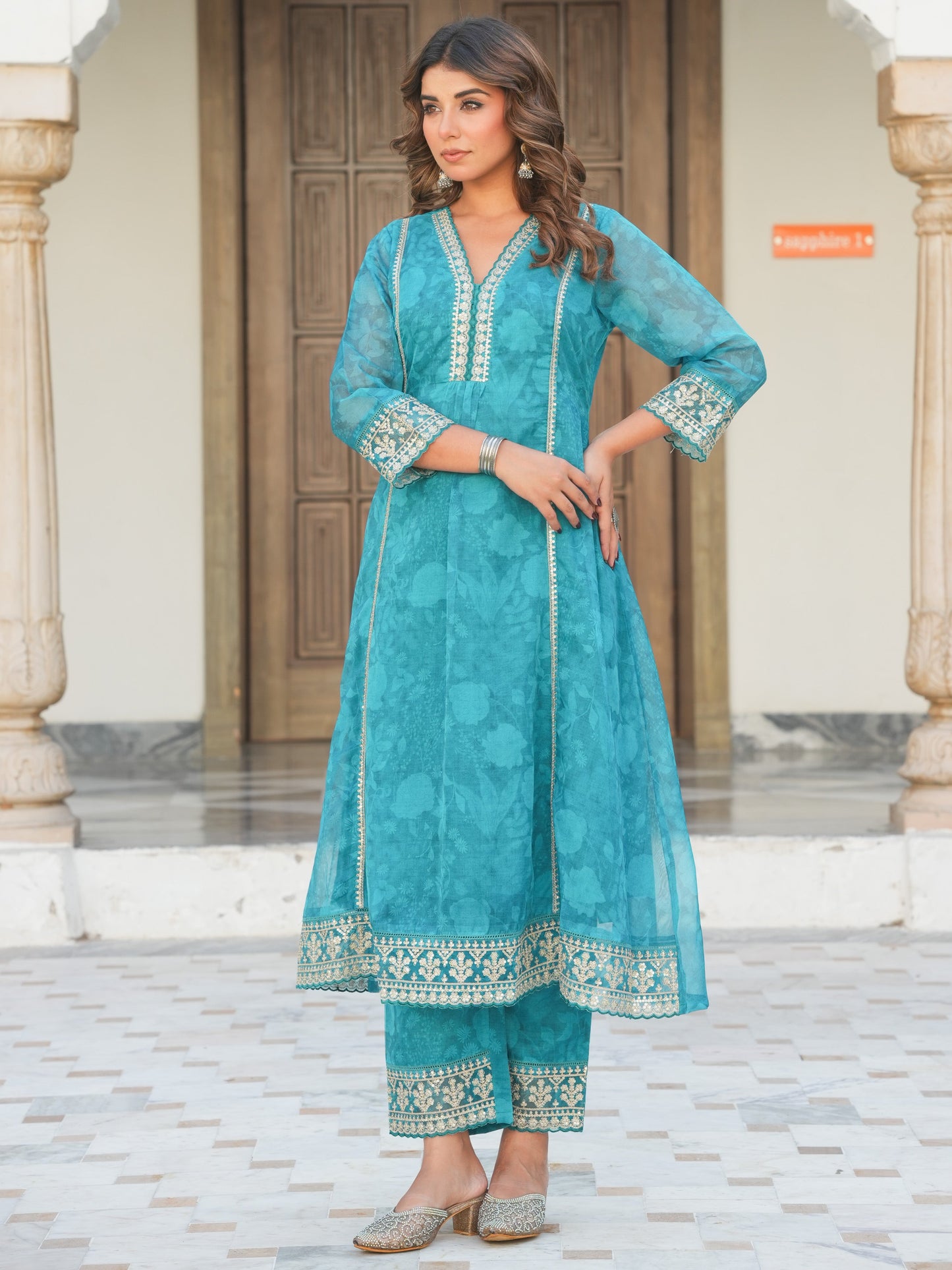 Embroidered Organza Floral Turquoise Blue Kurta