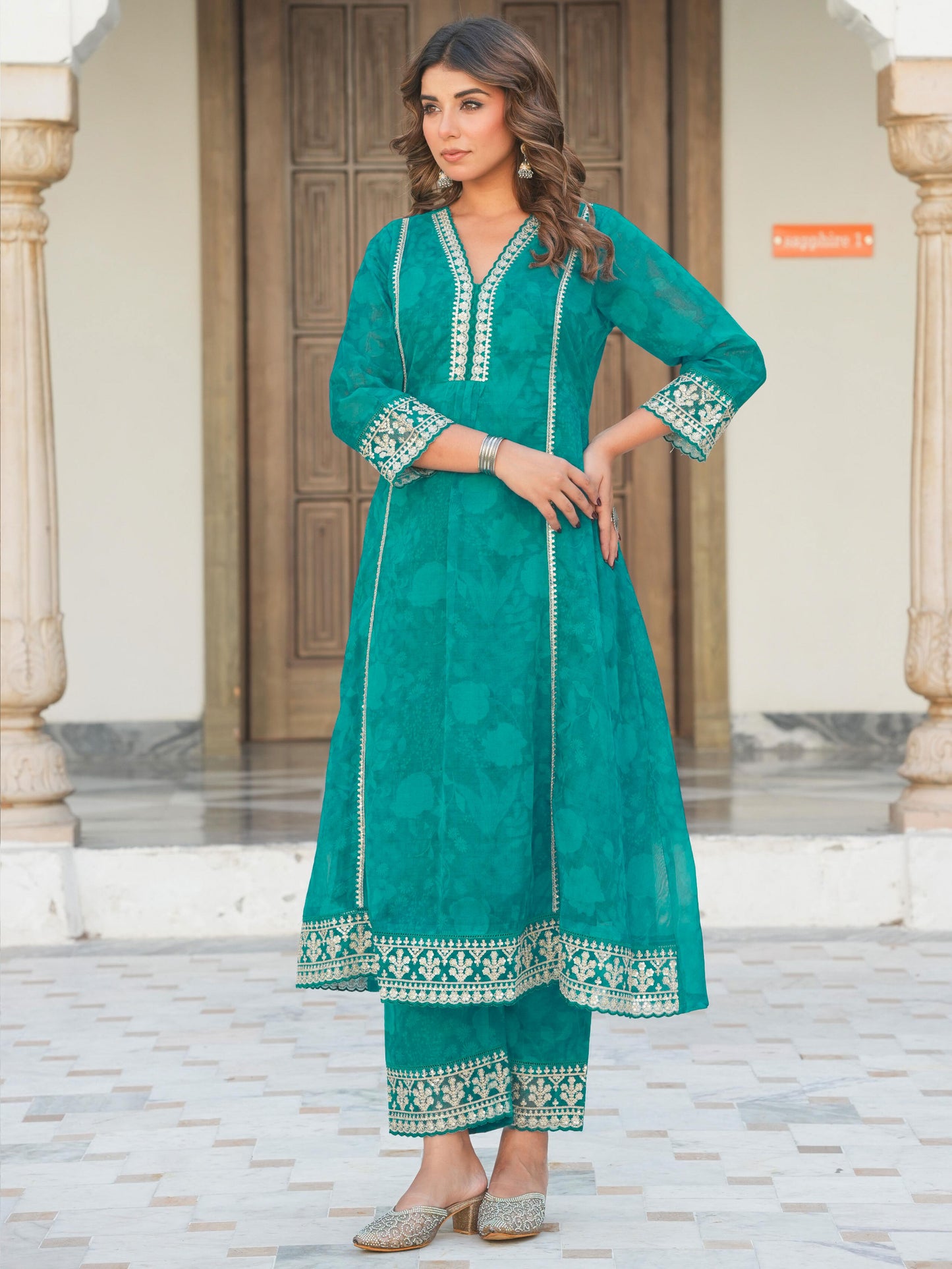 Embroidered Organza Floral A-line Turquoise Blue Kurta