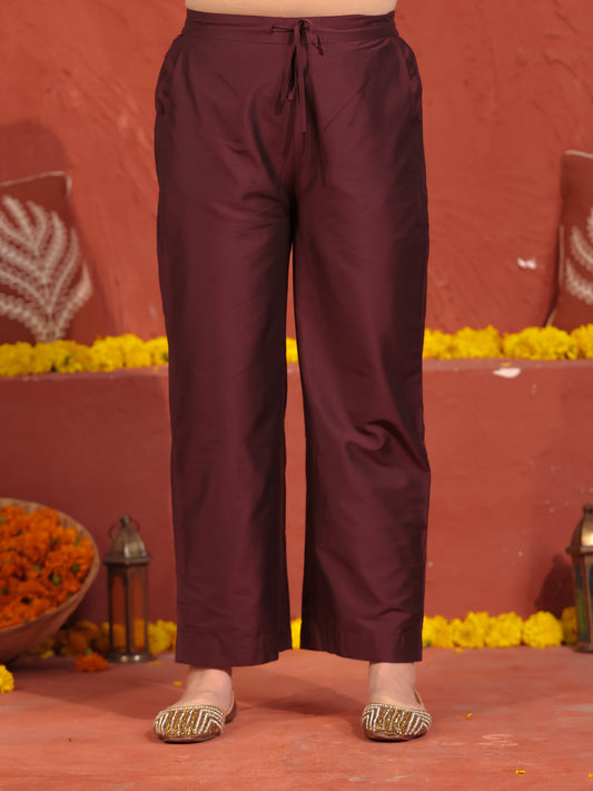 Blended Silk Solid Wine Straight Trousers