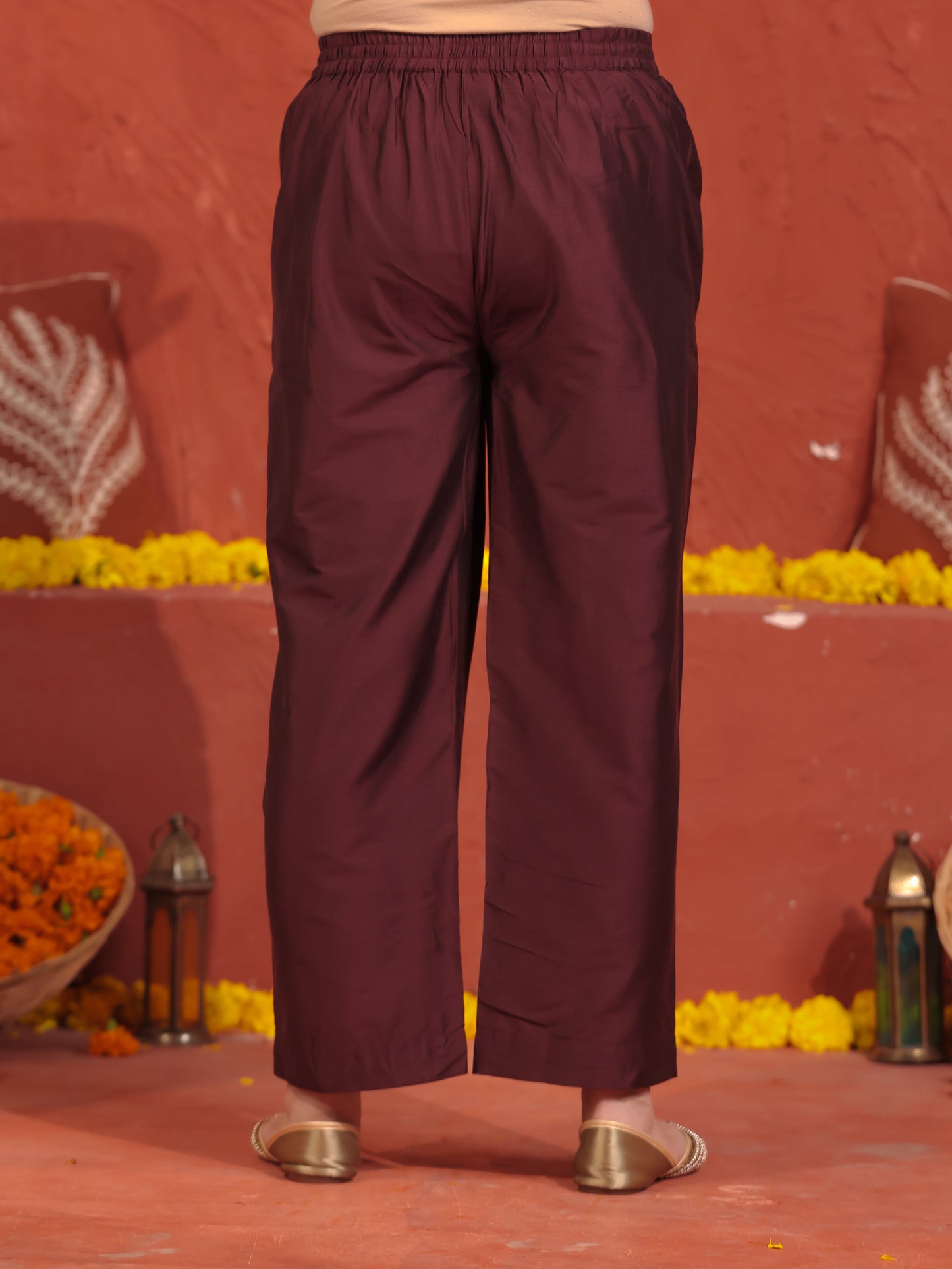 Blended Silk Solid Wine Straight Trousers