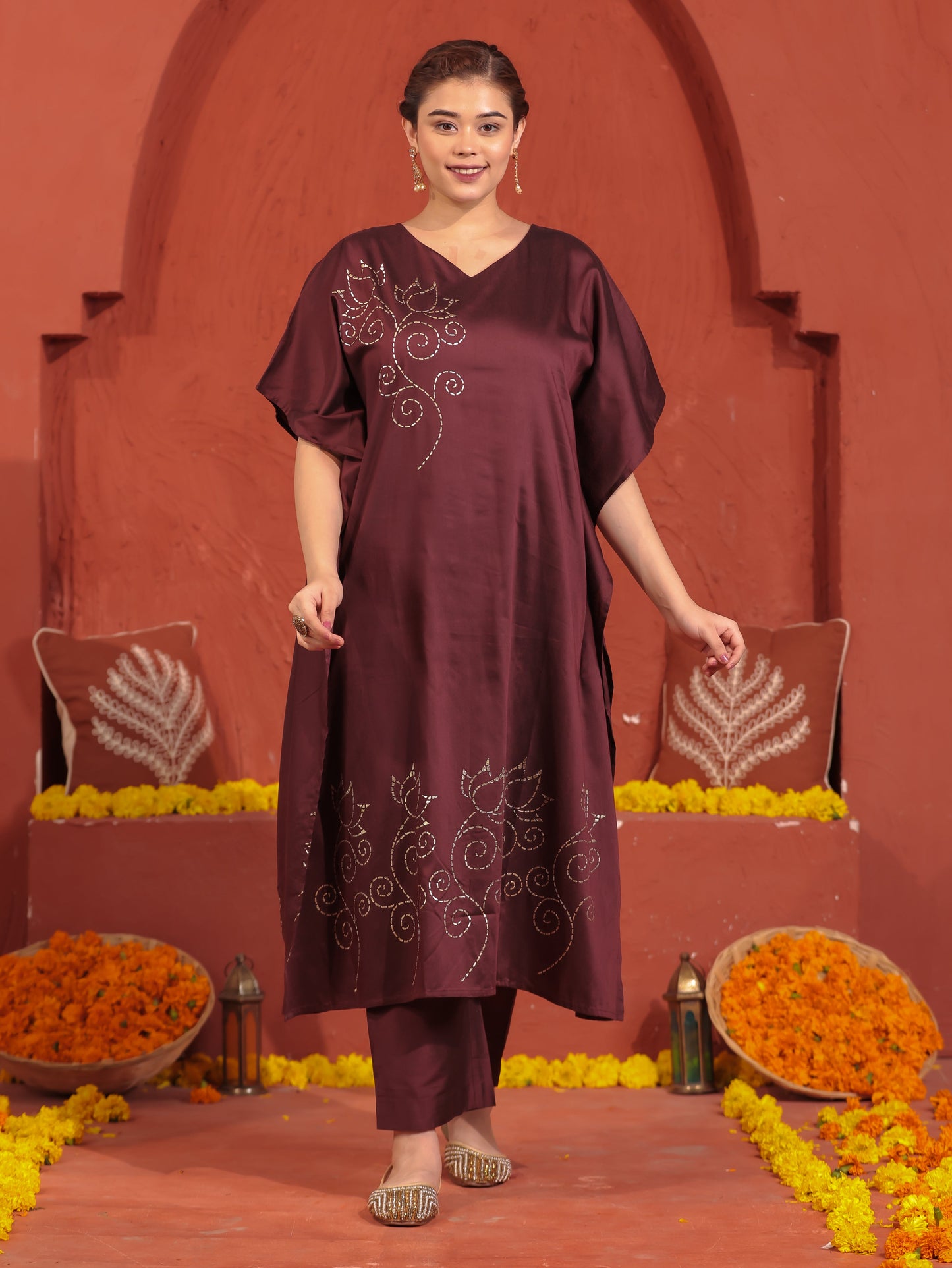 Blended Silk Placement Print Kaftan Wine Kurta