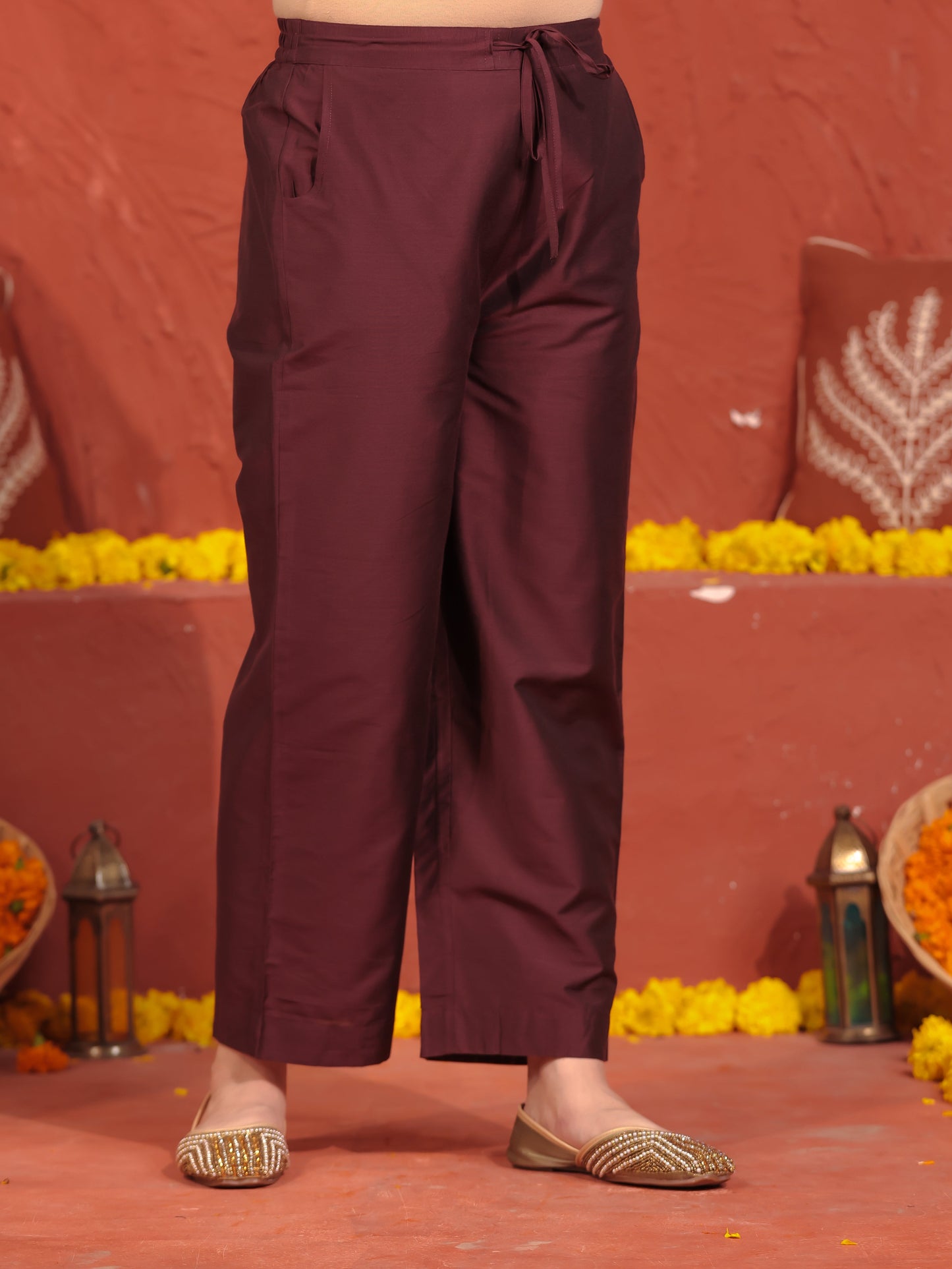 Blended Silk Placement Print Kaftan Wine Kurta