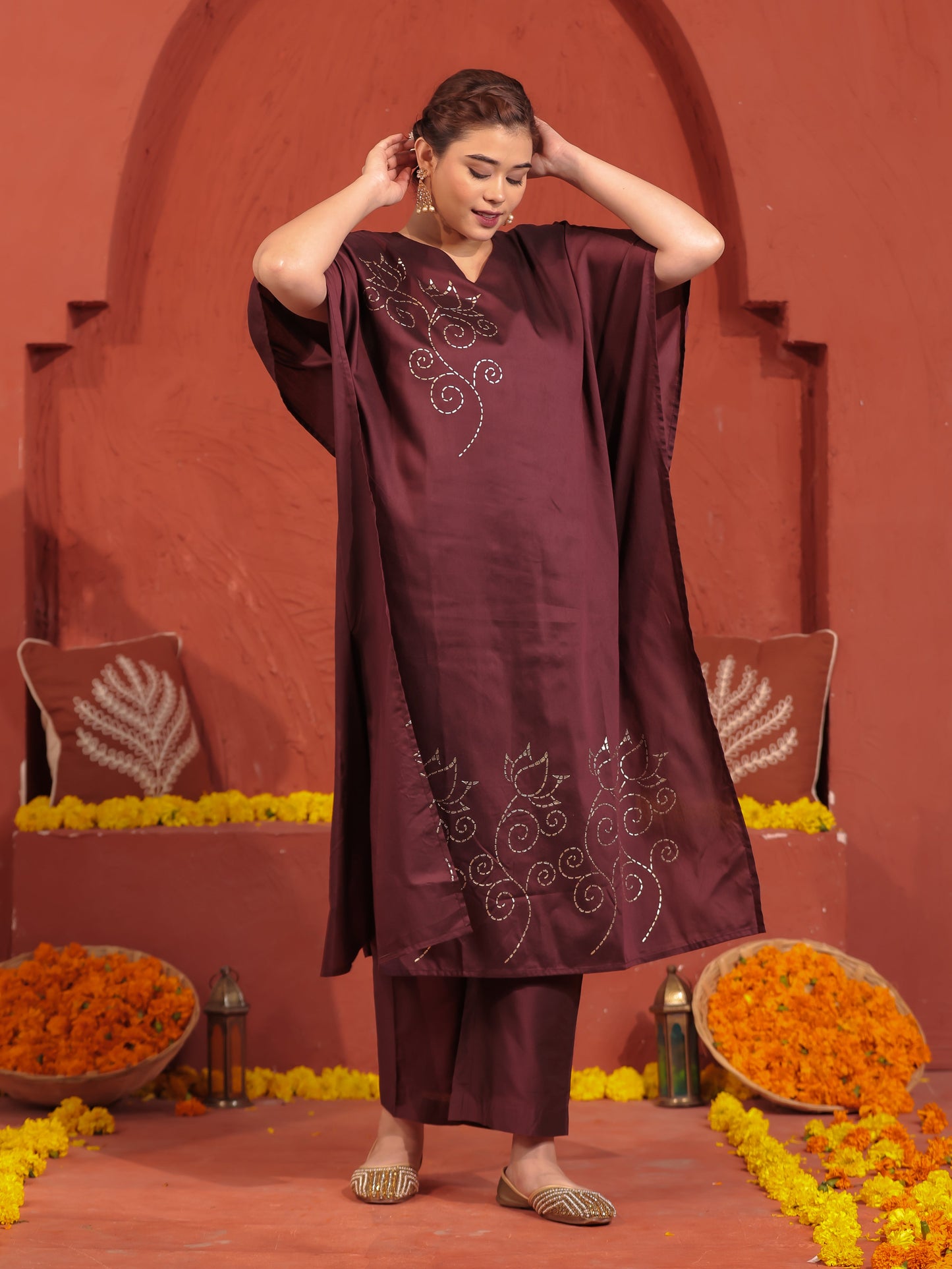 Blended Silk Placement Print Kaftan Wine Kurta