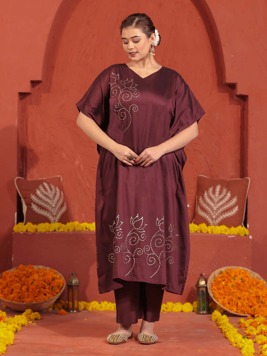 Blended Silk Placement Print Kaftan Wine Kurta