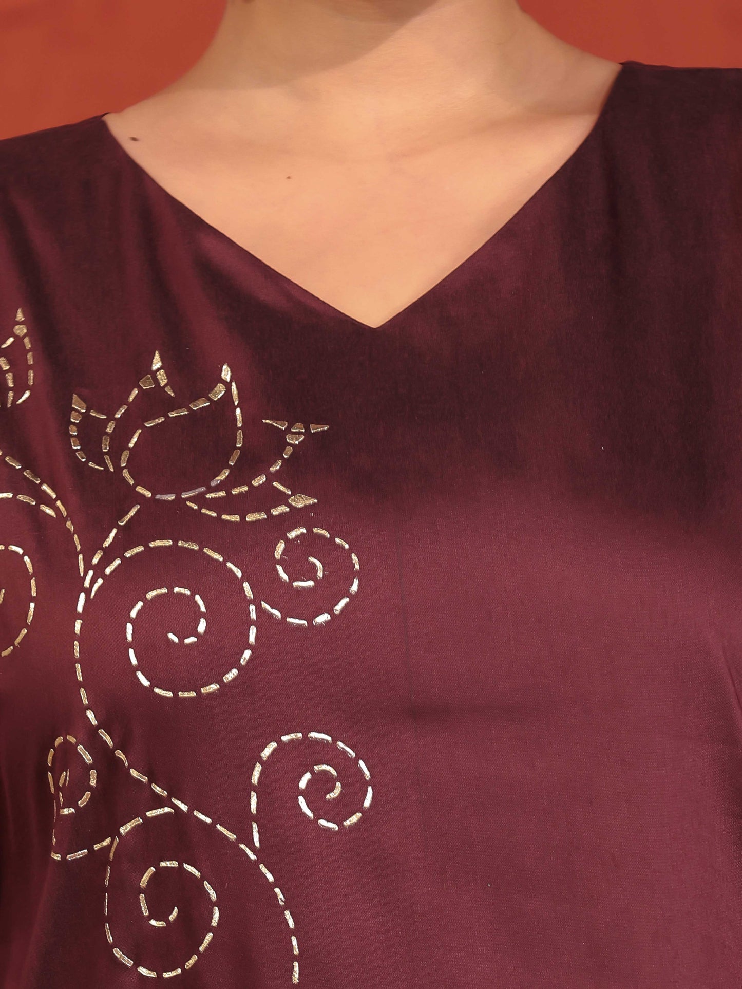 Blended Silk Placement Print Kaftan Wine Kurta