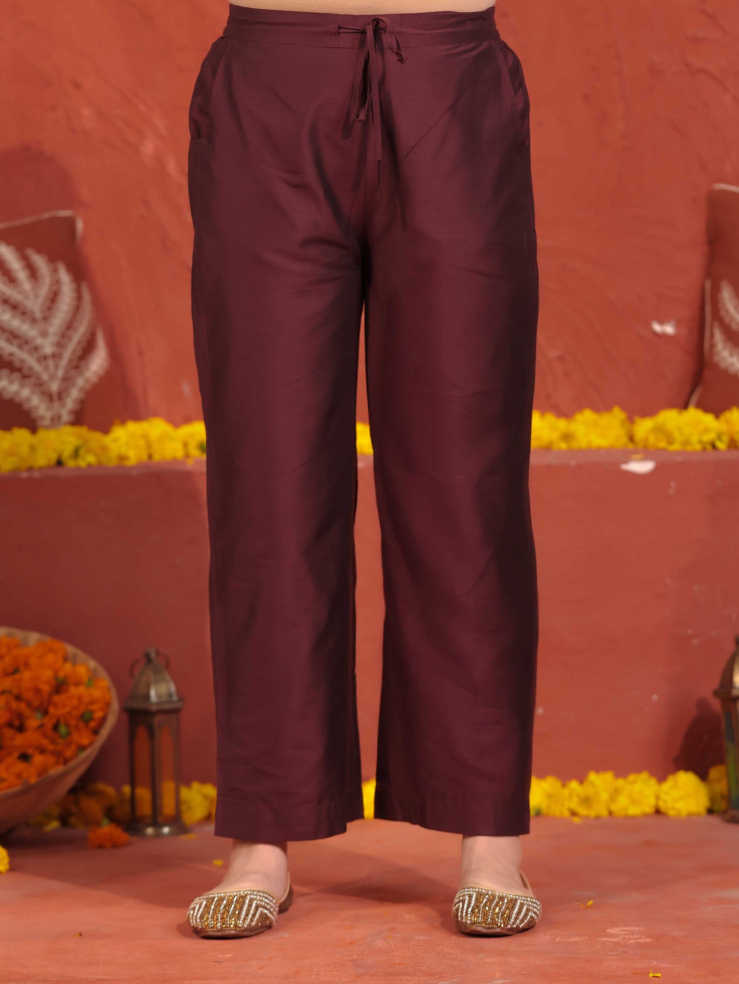 Blended Silk Placement Print Kaftan Wine Kurta