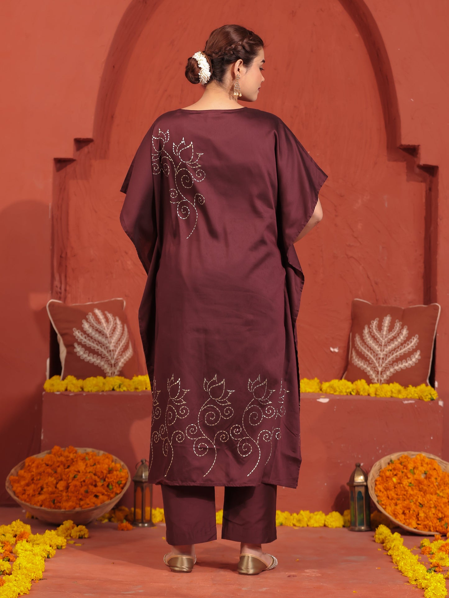 Blended Silk Placement Print Kaftan Wine Kurta