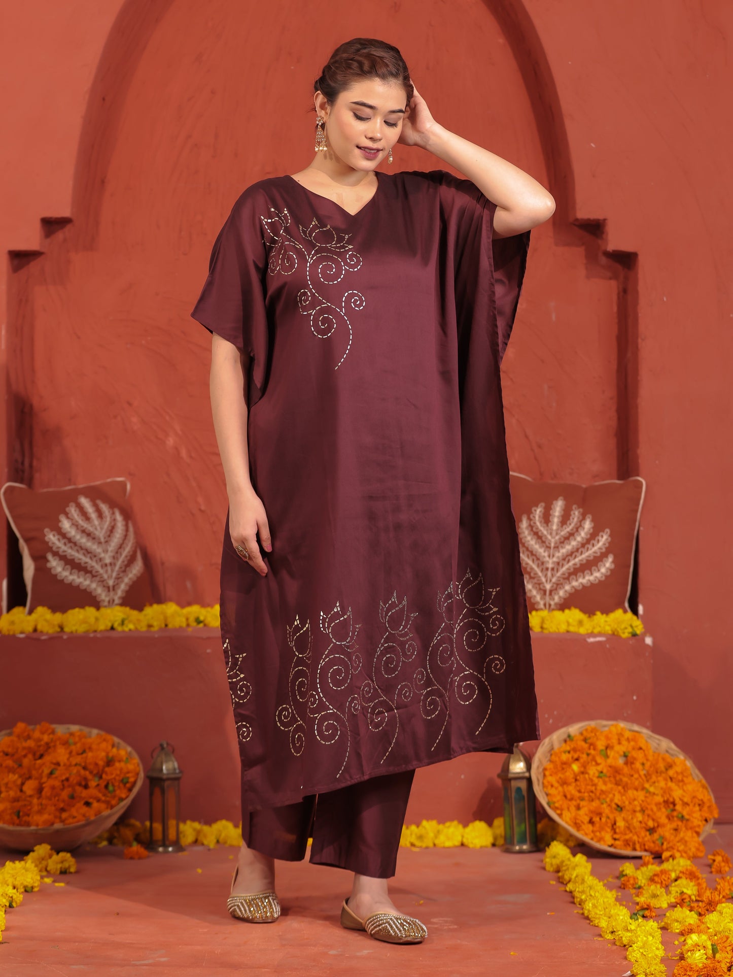 Blended Silk Placement Print Kaftan Wine Kurta