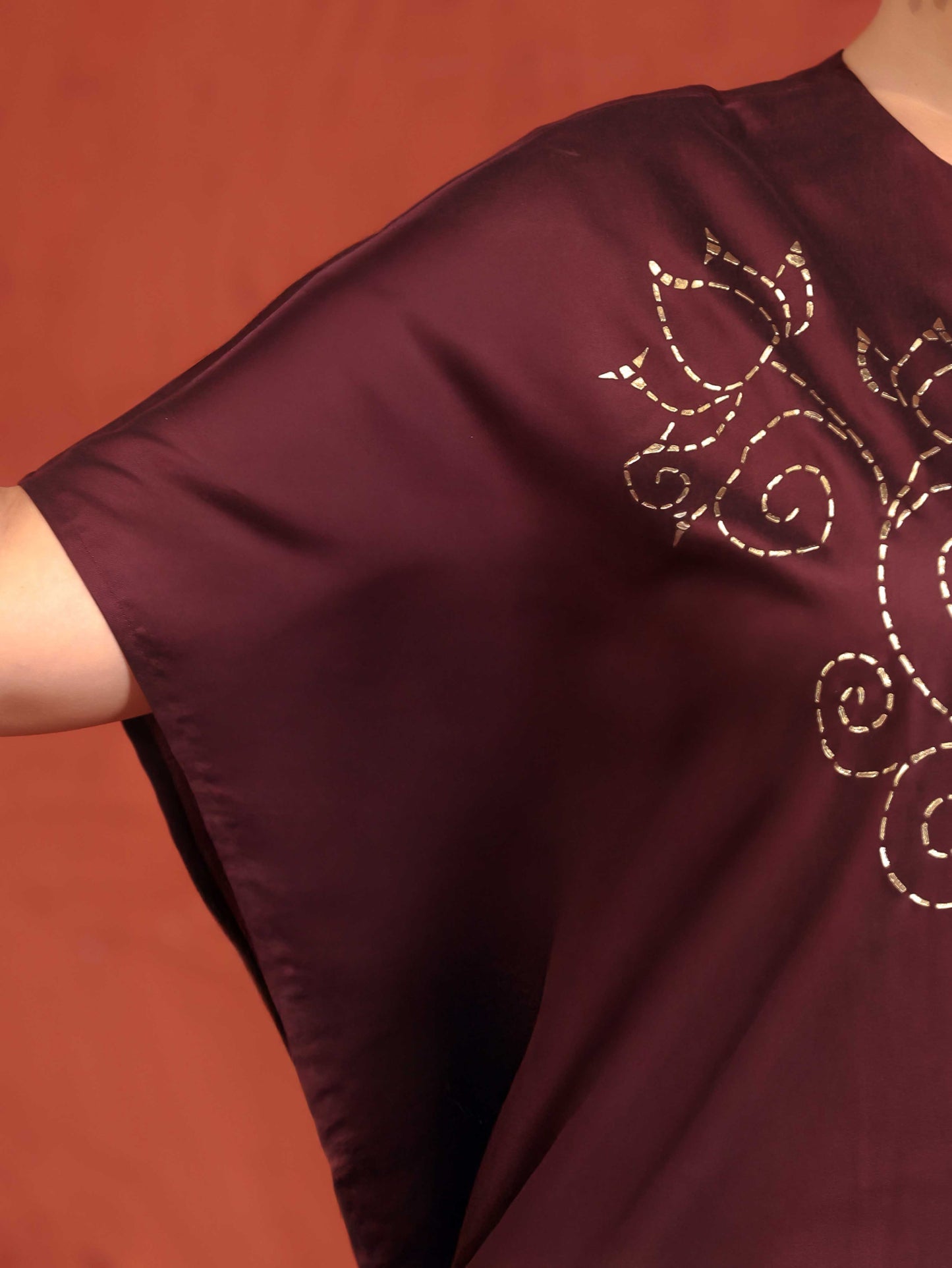 Blended Silk Placement Print Kaftan Wine Kurta