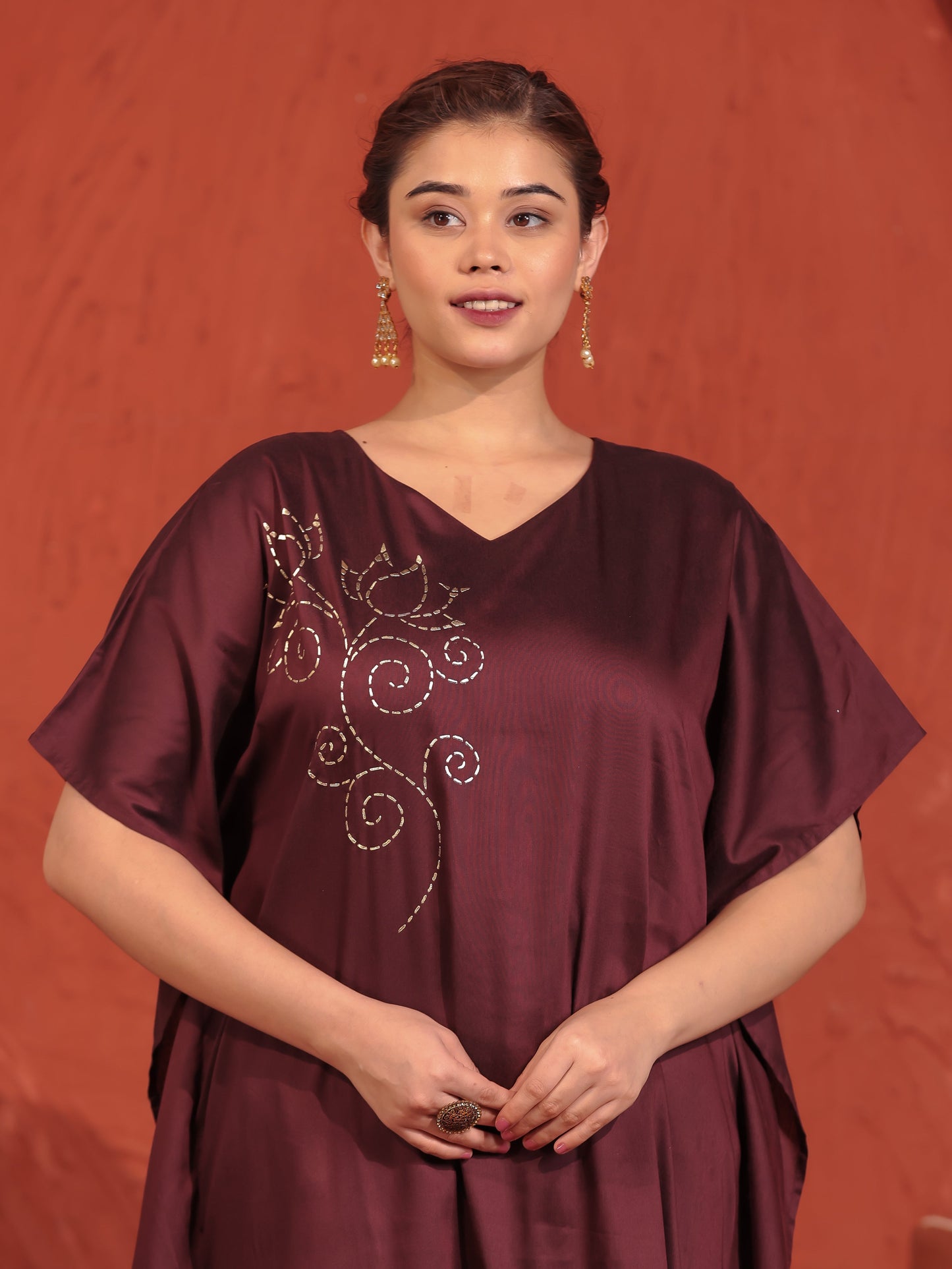 Blended Silk Placement Print Kaftan Wine Kurta