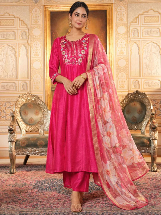 Organza Floral Dark Pink Dupatta
