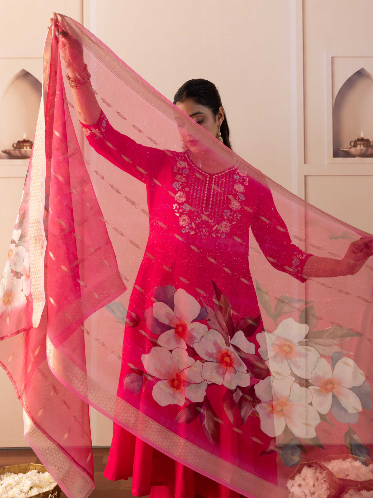Organza Floral Dark Pink Dupatta