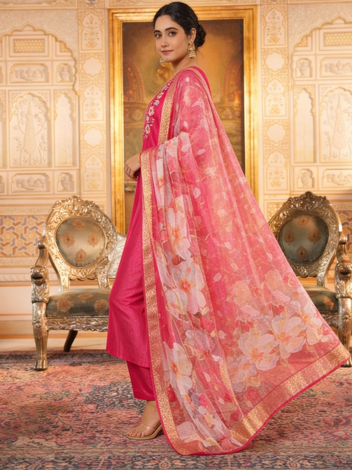 Organza Floral Dark Pink Dupatta