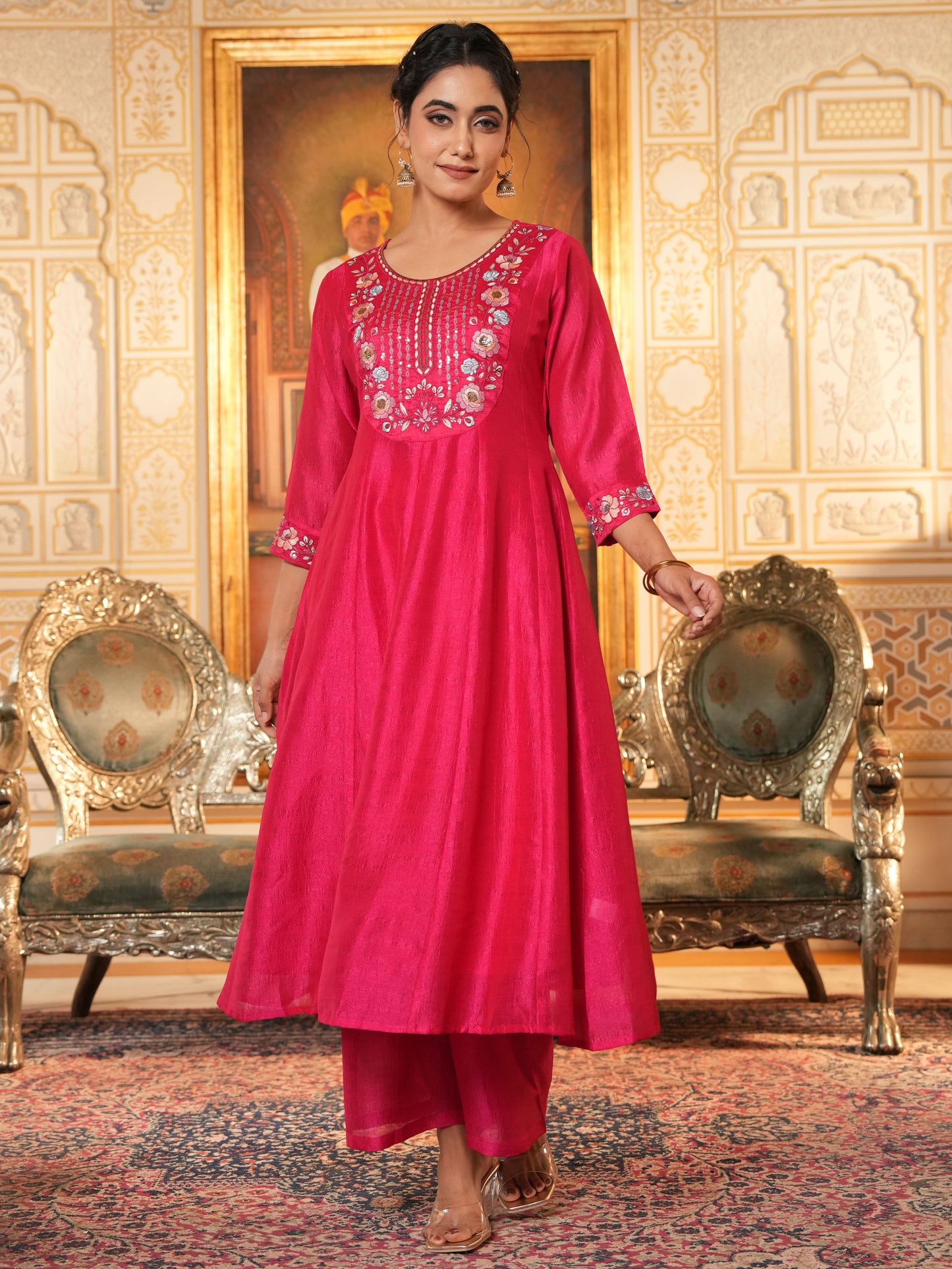 Embroidered Blended Silk Solid Dark Pink Kurta
