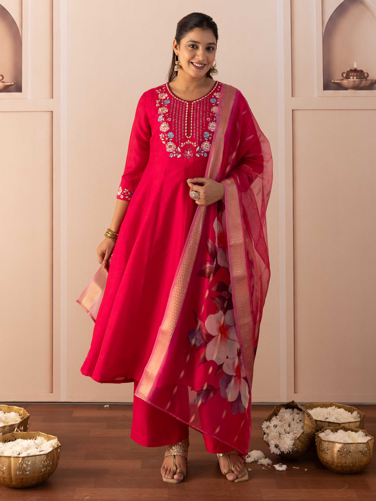 Embroidered Blended Silk Solid Dark Pink Kurta