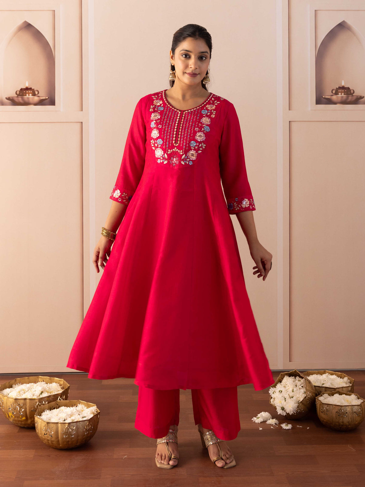 Embroidered Blended Silk Solid Dark Pink Kurta