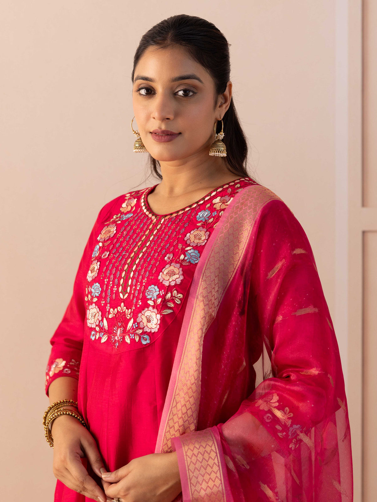 Embroidered Blended Silk Solid Dark Pink Kurta