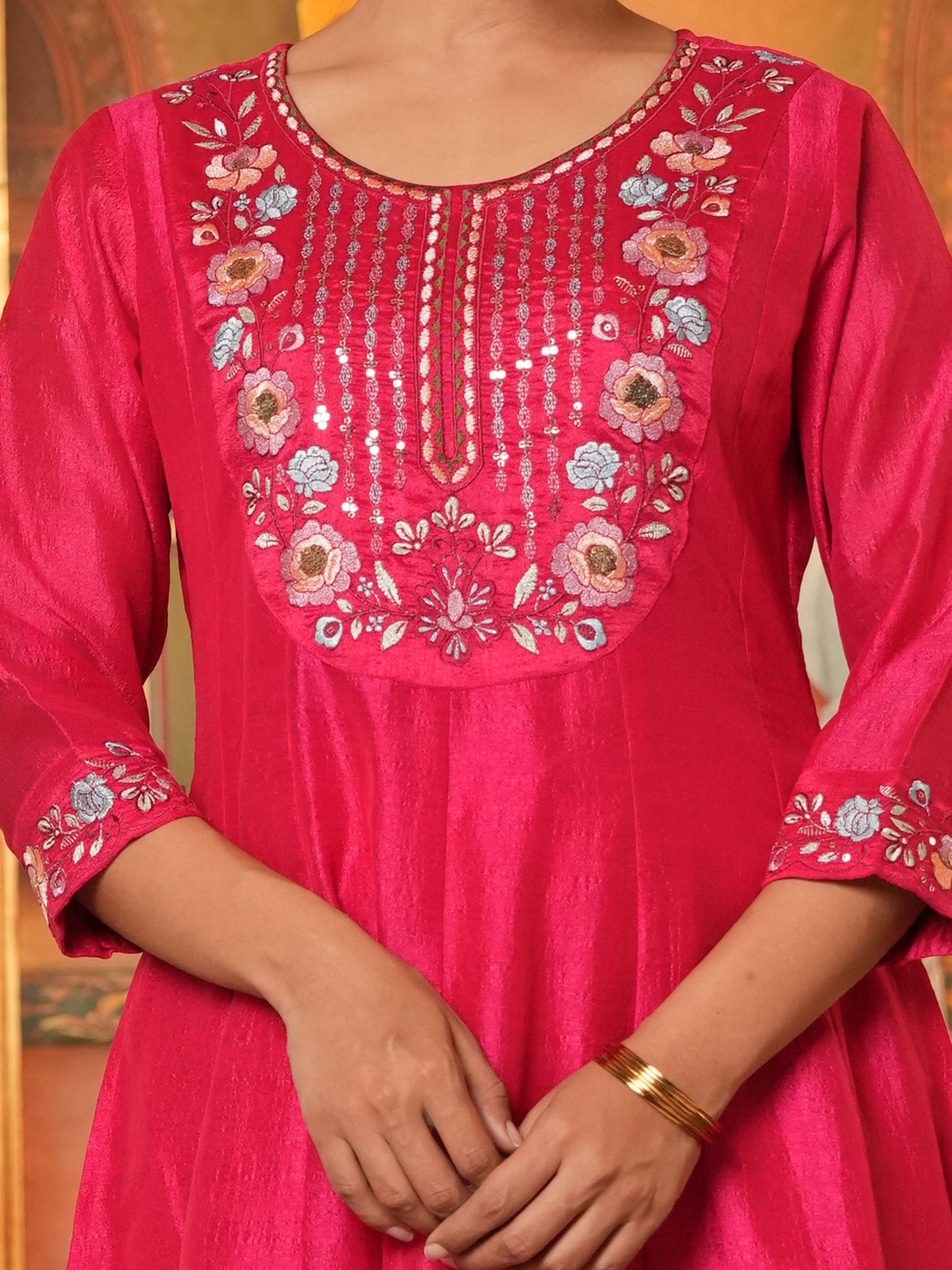 Embroidered Blended Silk Solid Dark Pink Kurta