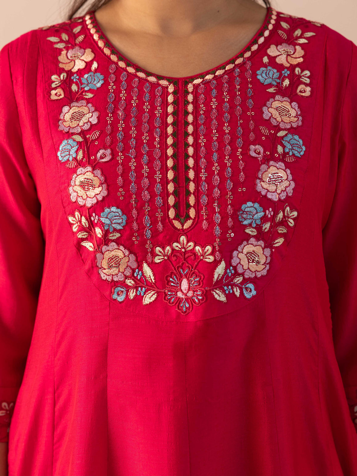 Embroidered Blended Silk Solid Dark Pink Kurta