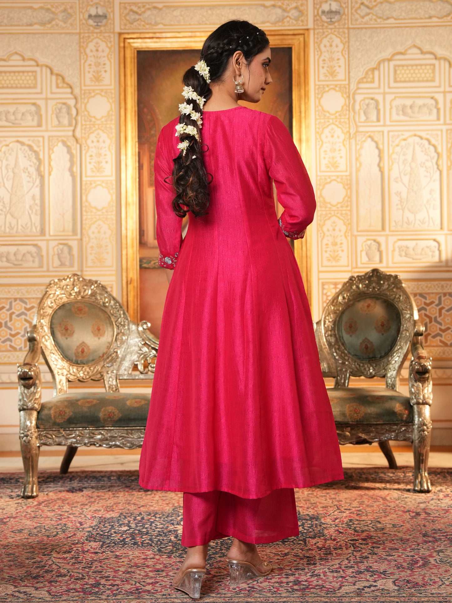 Embroidered Blended Silk Solid Dark Pink Kurta