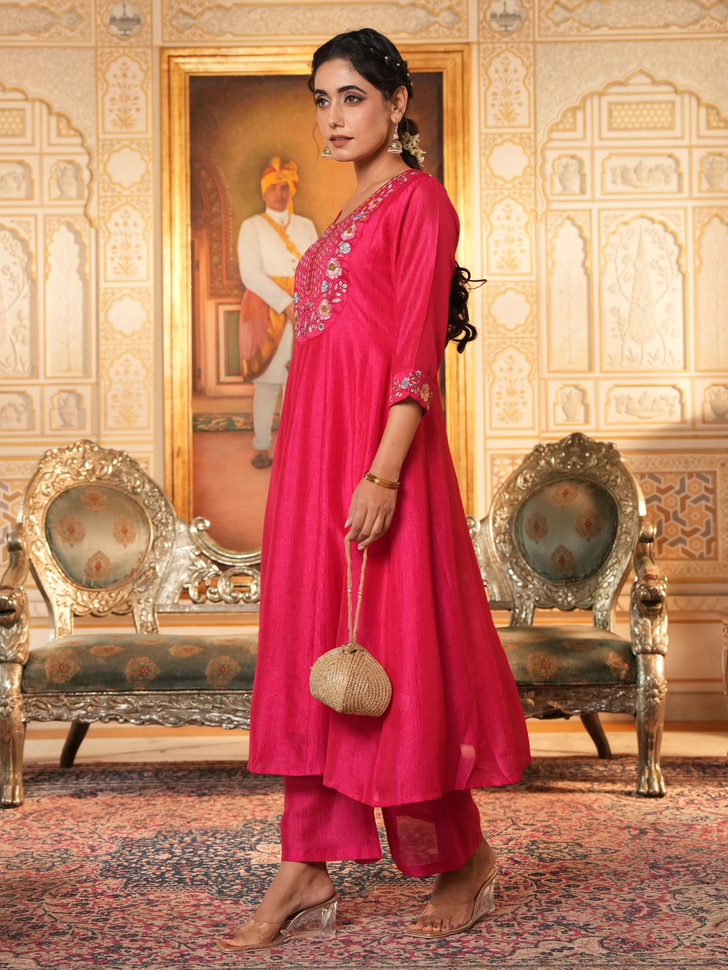 Embroidered Blended Silk Solid Dark Pink Kurta
