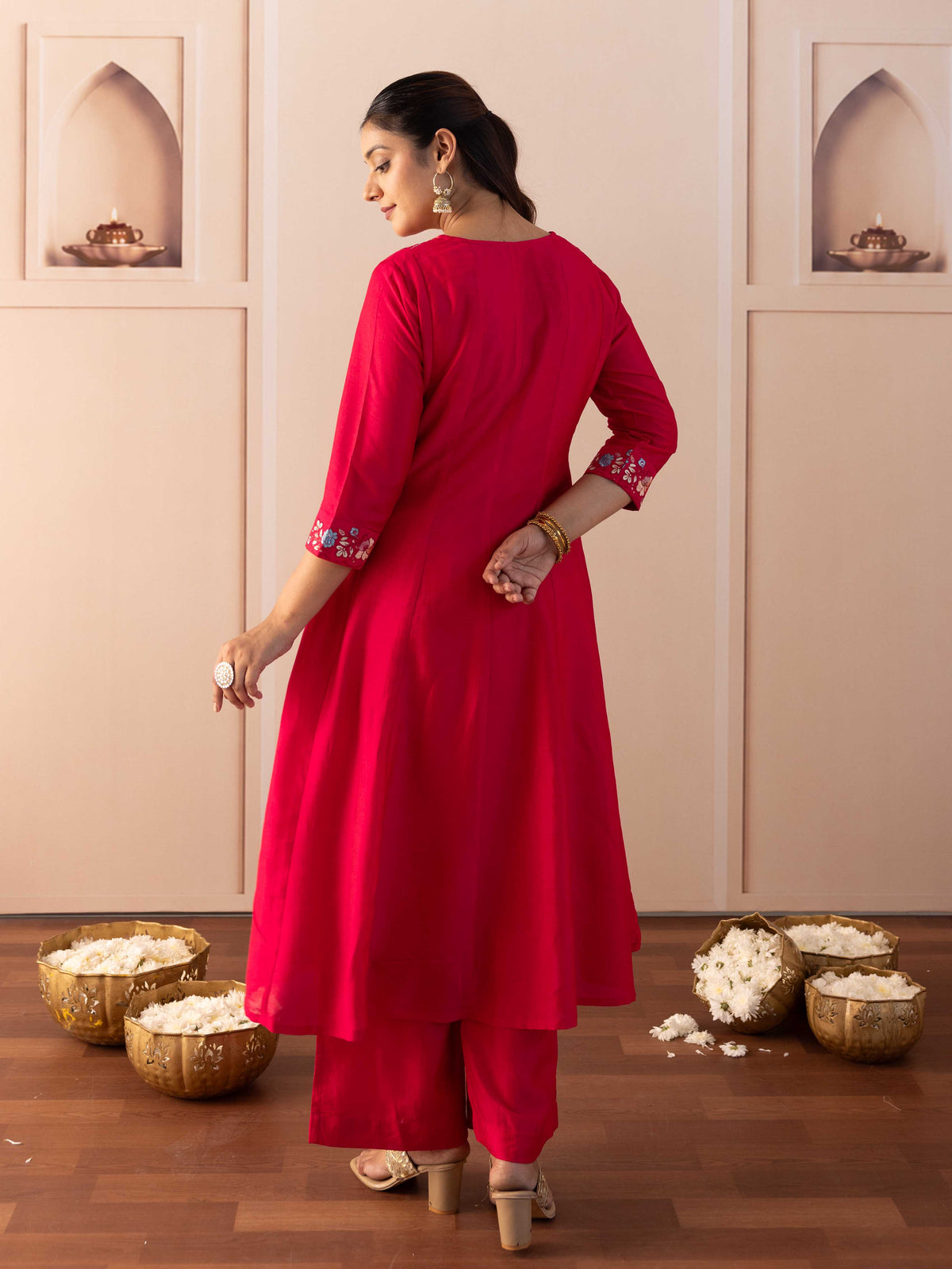 Embroidered Blended Silk Solid Dark Pink Kurta