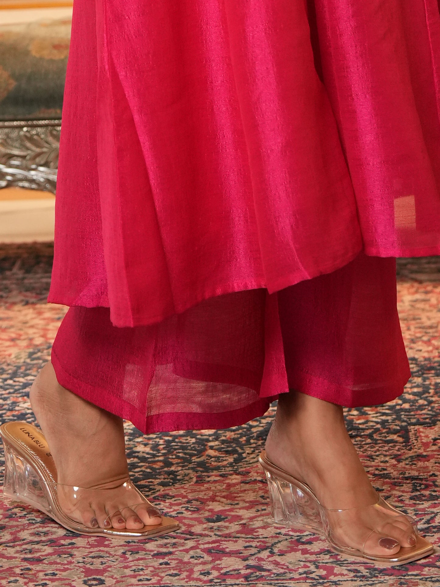 Embroidered Blended Silk Solid Dark Pink Kurta