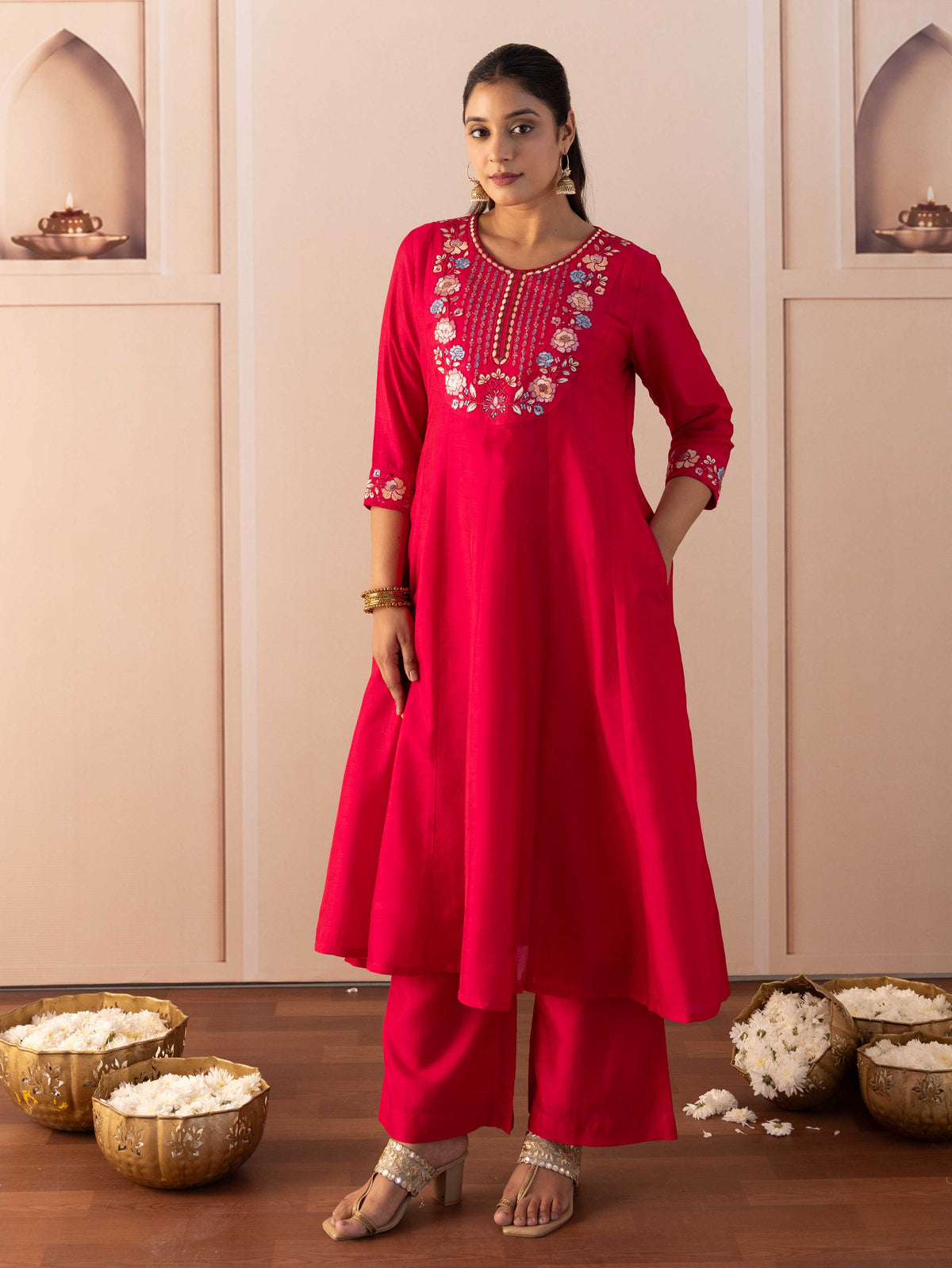 Embroidered Blended Silk Solid Dark Pink Kurta