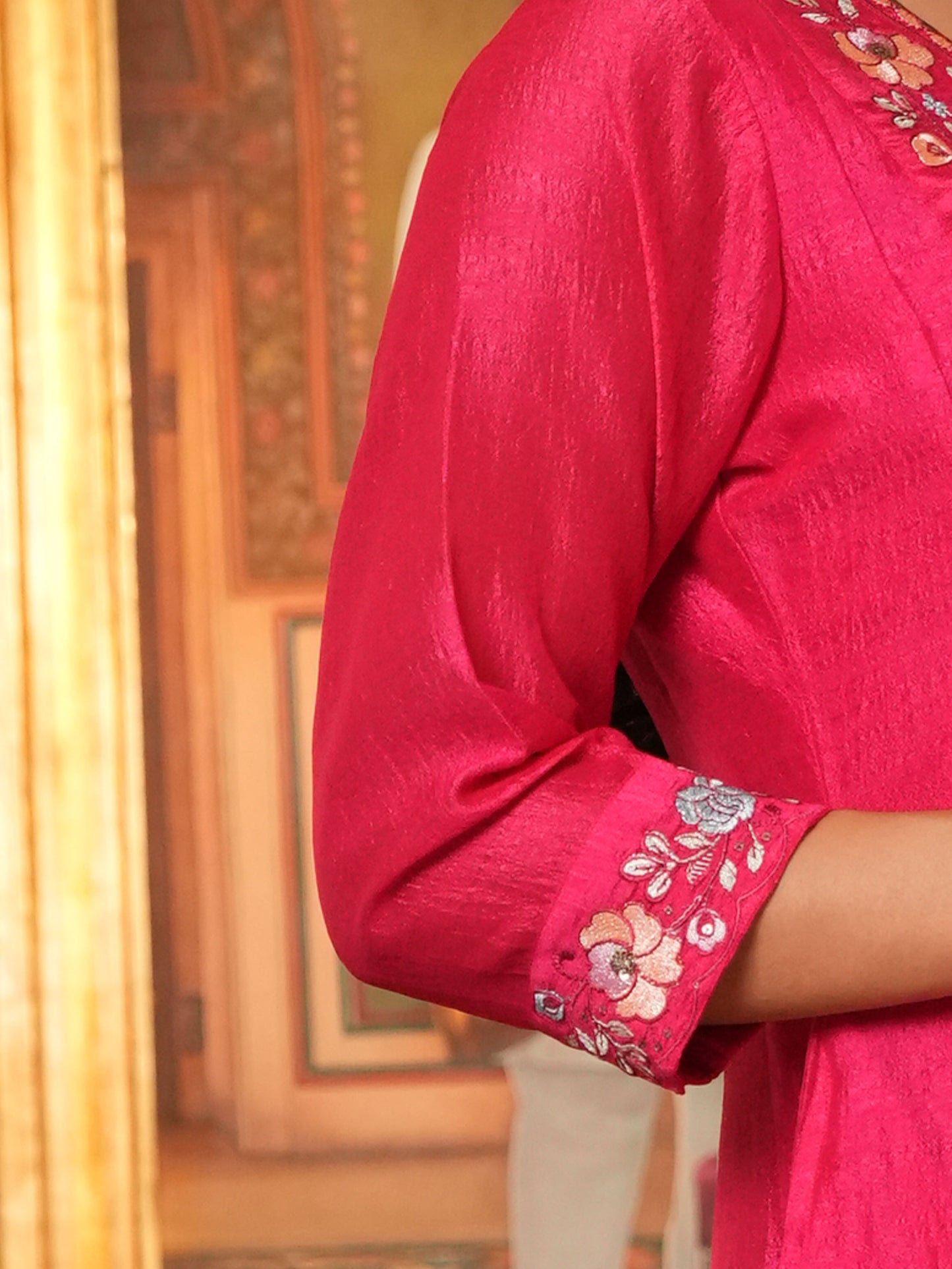 Embroidered Blended Silk Solid Dark Pink Kurta