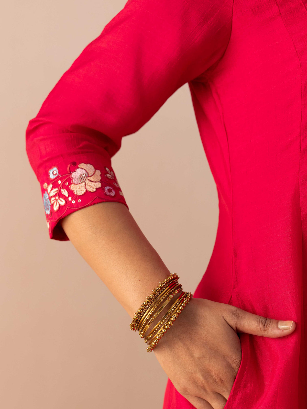 Embroidered Blended Silk Solid Dark Pink Kurta