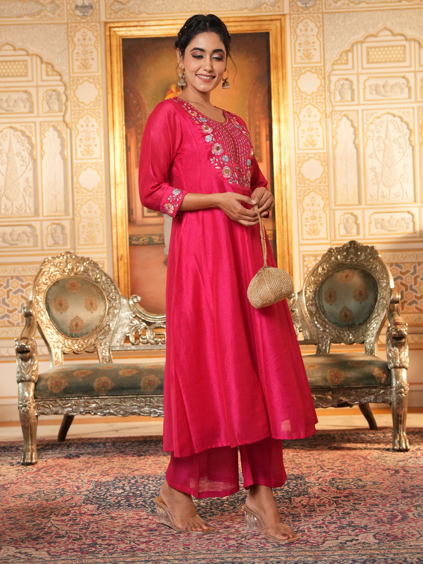 Embroidered Blended Silk Solid Dark Pink Kurta