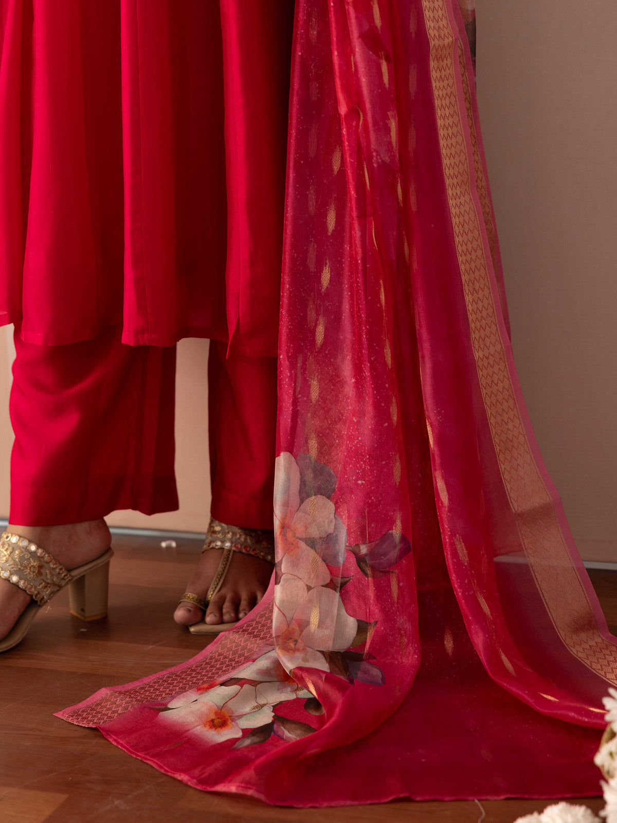 Embroidered Blended Silk Solid Dark Pink Kurta