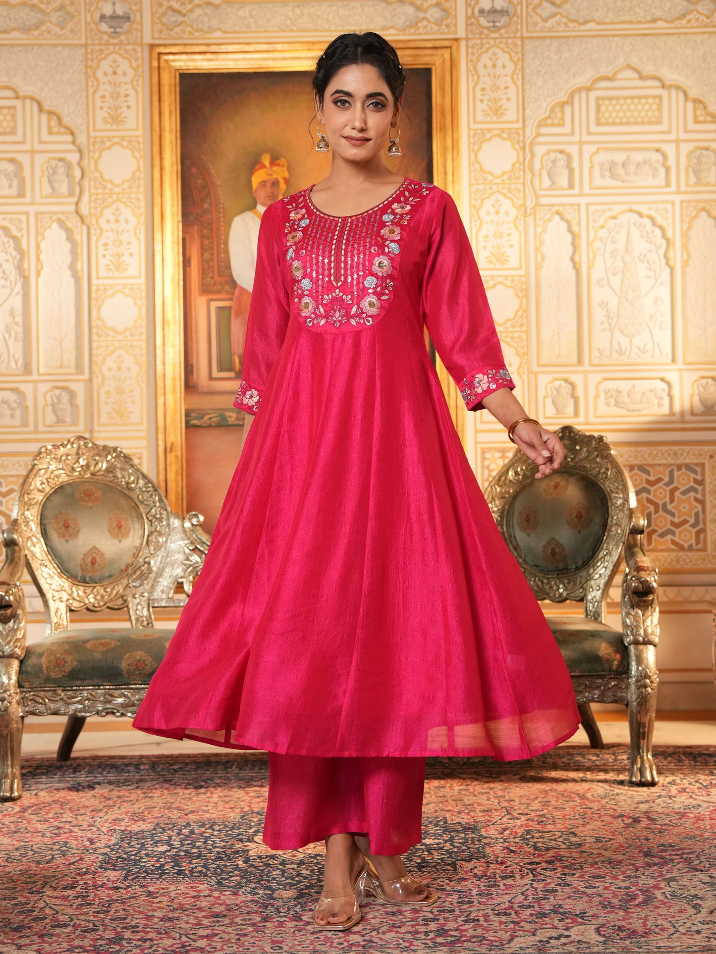 Embroidered Blended Silk Solid Dark Pink Kurta