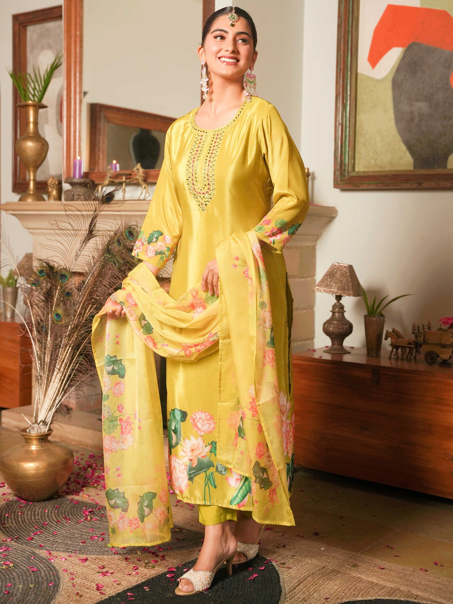 Organza Floral Lime Green Dupatta