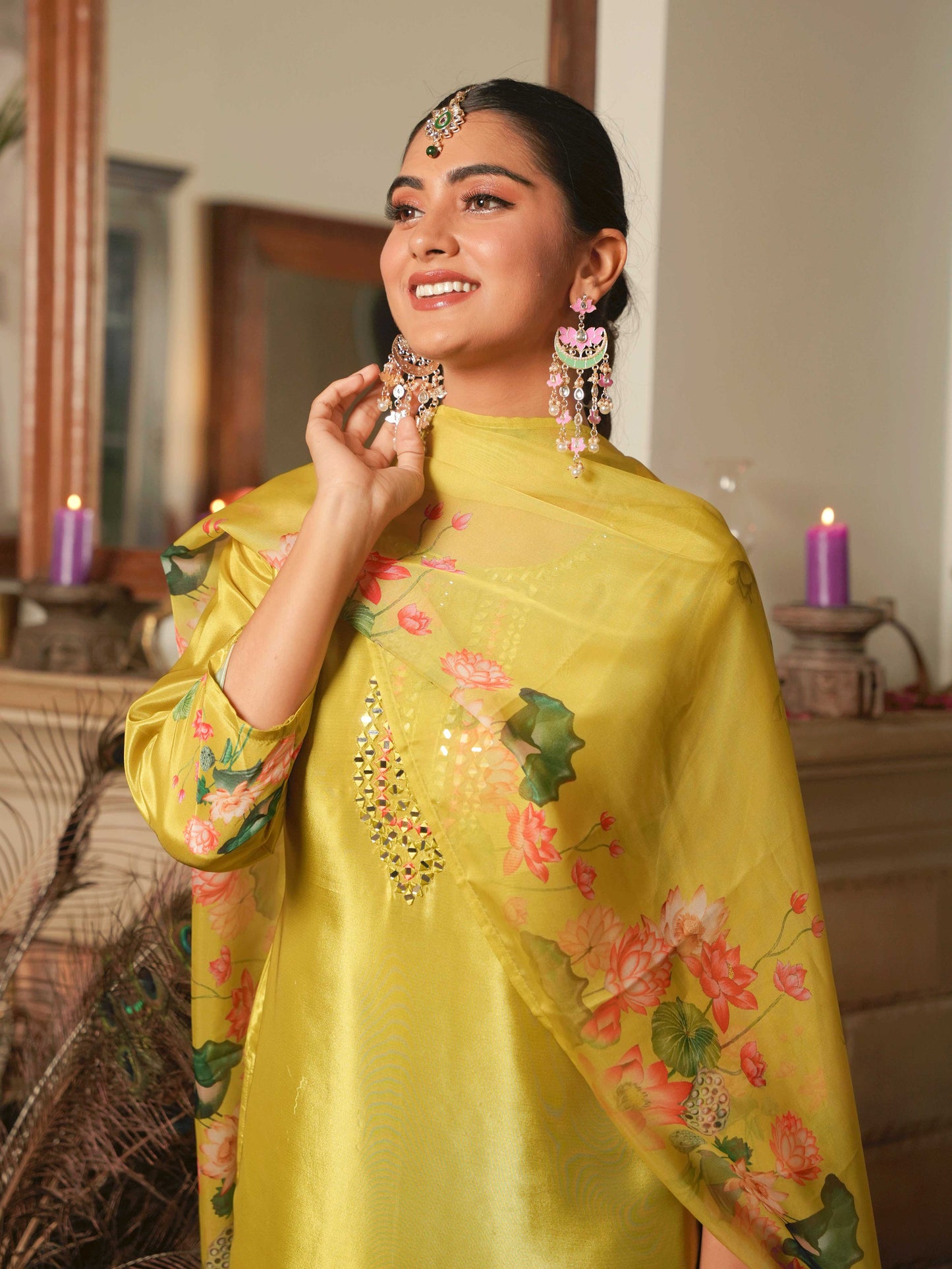 Organza Floral Lime Green Dupatta