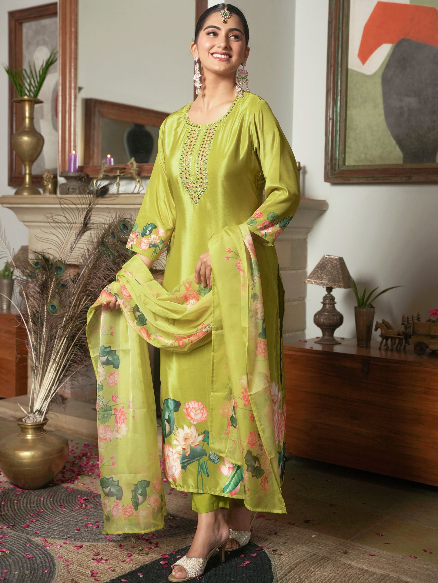 Embroidered Blended Silk Floral Lime Green Kurta