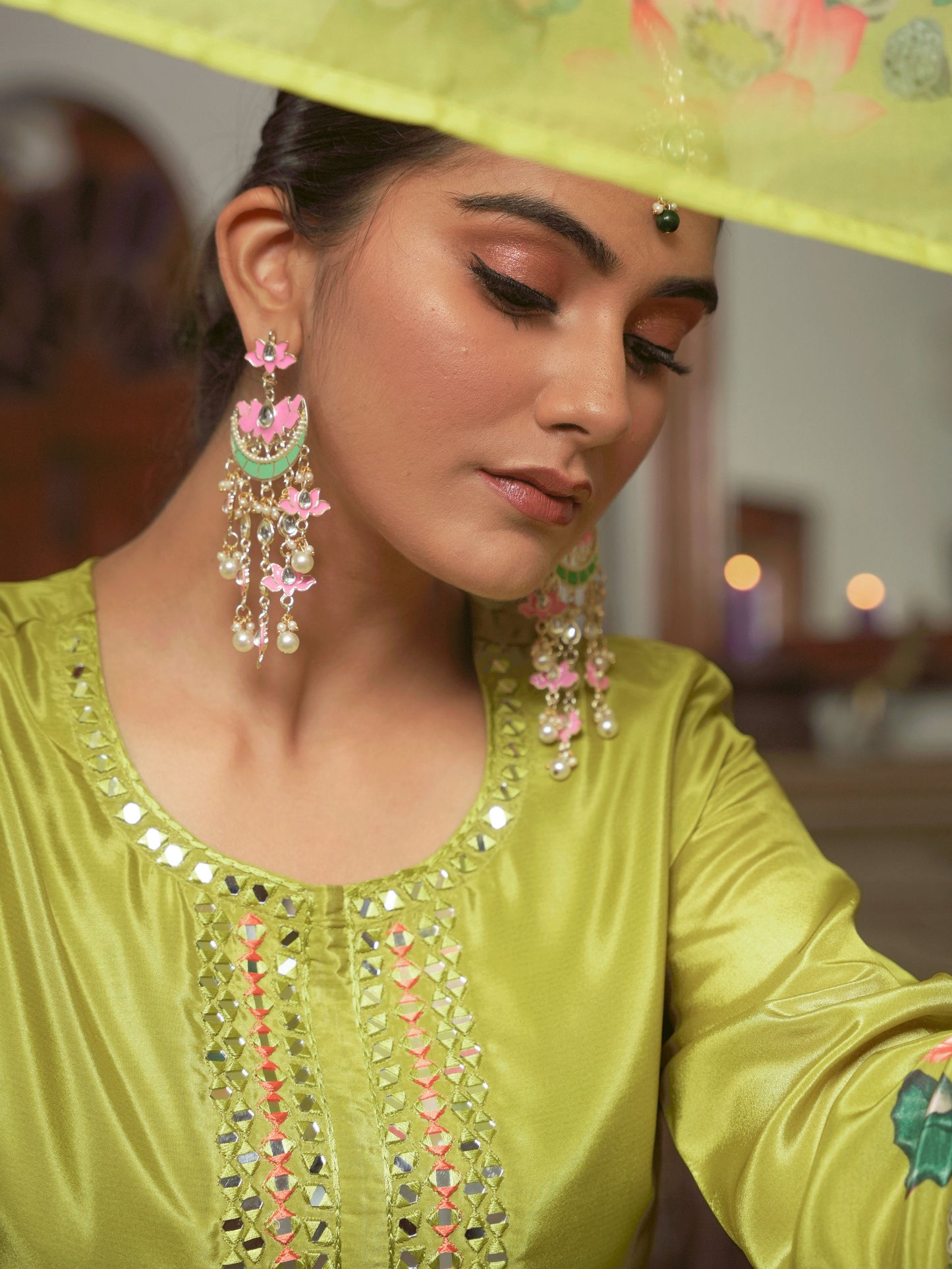 Embroidered Blended Silk Floral Lime Green Kurta